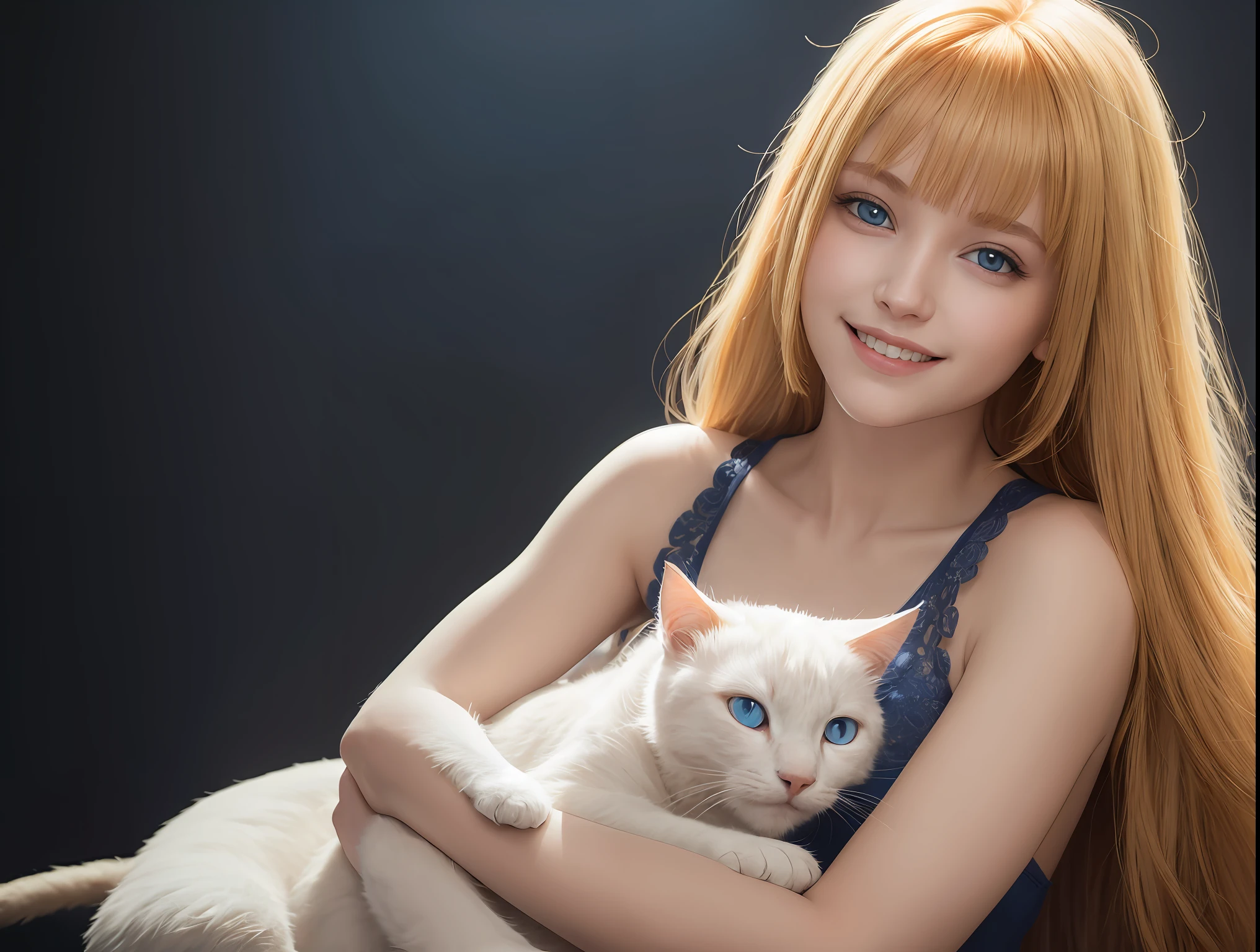 1girl in, Golden hair, Blue Eyes, , side lights, Detailed face, Bangs, bright skin, Simple background,,smile, With a cat