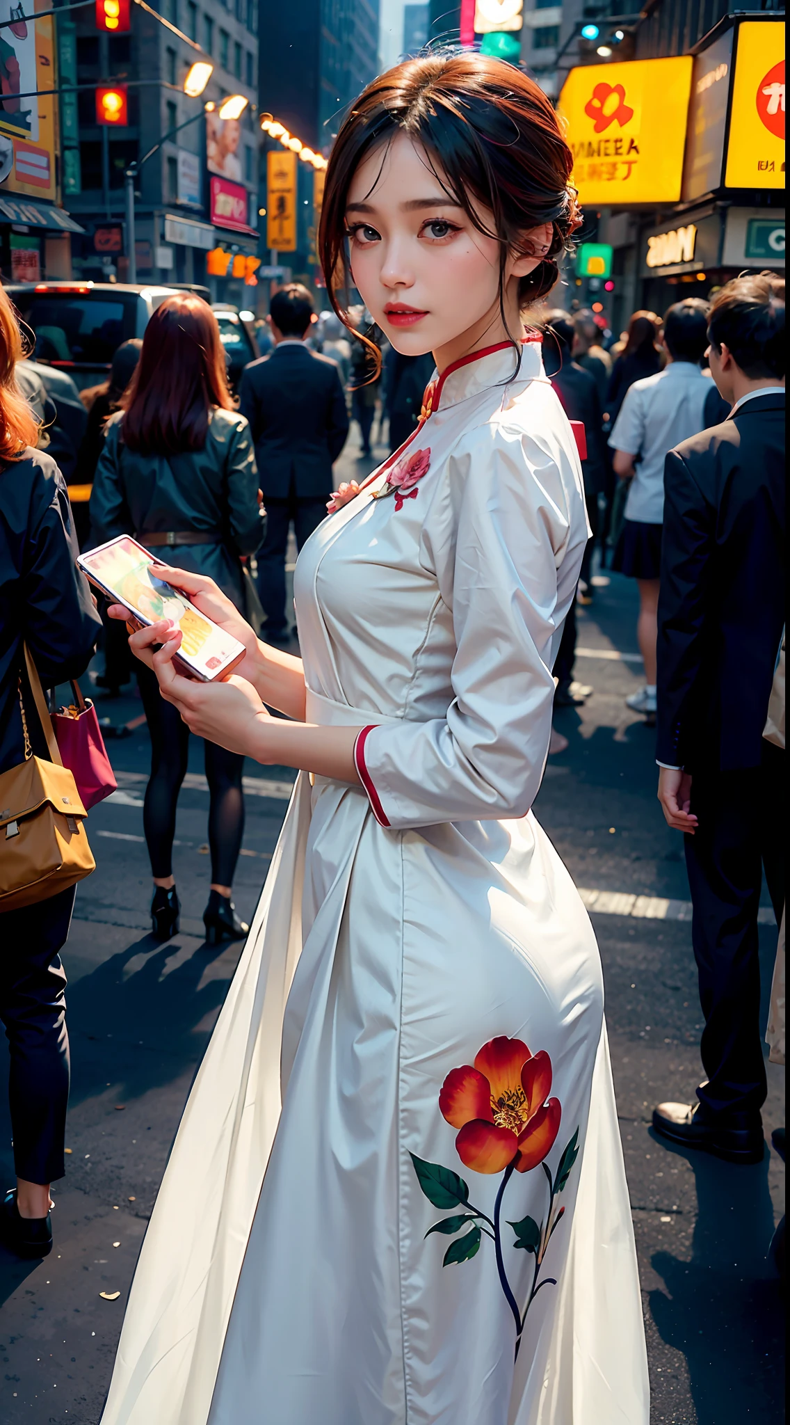 Some young girls taking selfies at the food festival, wearing classical patterned silk ao dai, foods, fruits, street, absurdres, highres, extremly detailed, artist style, material effects, upper body, galaxy multicolored hair in new york city at night with orange fog, cybercity, professional lighting, photon mapping, radiocity, physically-based rendering, long dress thin with vintage flower