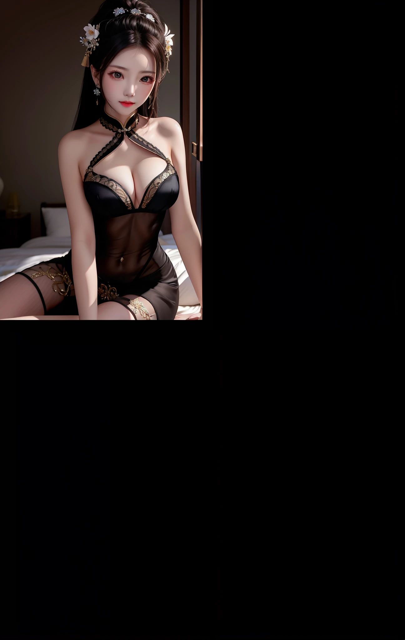 a beauty girl,blacksilk,Large breasts,does not wear panties,tit,nakeness,Raised sexy,Charming