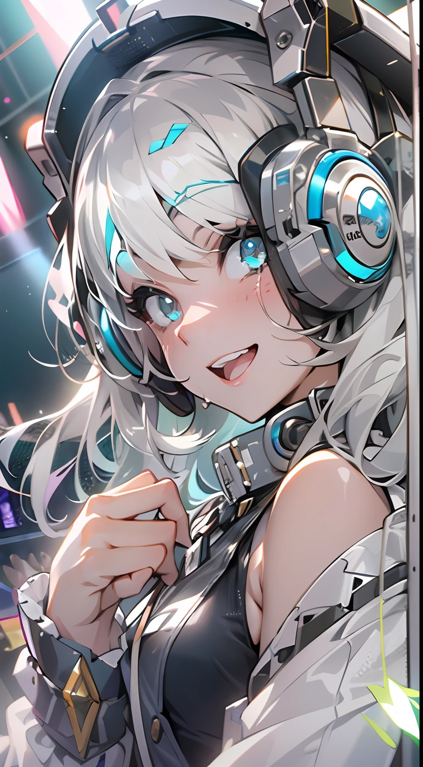 masutepiece、Ultra-high-definition digital art、(nffsw)、1girl in、Grey Color Hair、straight haired、kawaii faces、((ssmile😄))、White Sleeveless Performance Wear、headphones、(DJ Booth)、Crystal clear skin、beautidful eyes、disco、mirror ball、Two、Floor Audience、Sweat glitters、perfect hand、intricate detailes、sharpnes、Fun pose、Capture the best moments