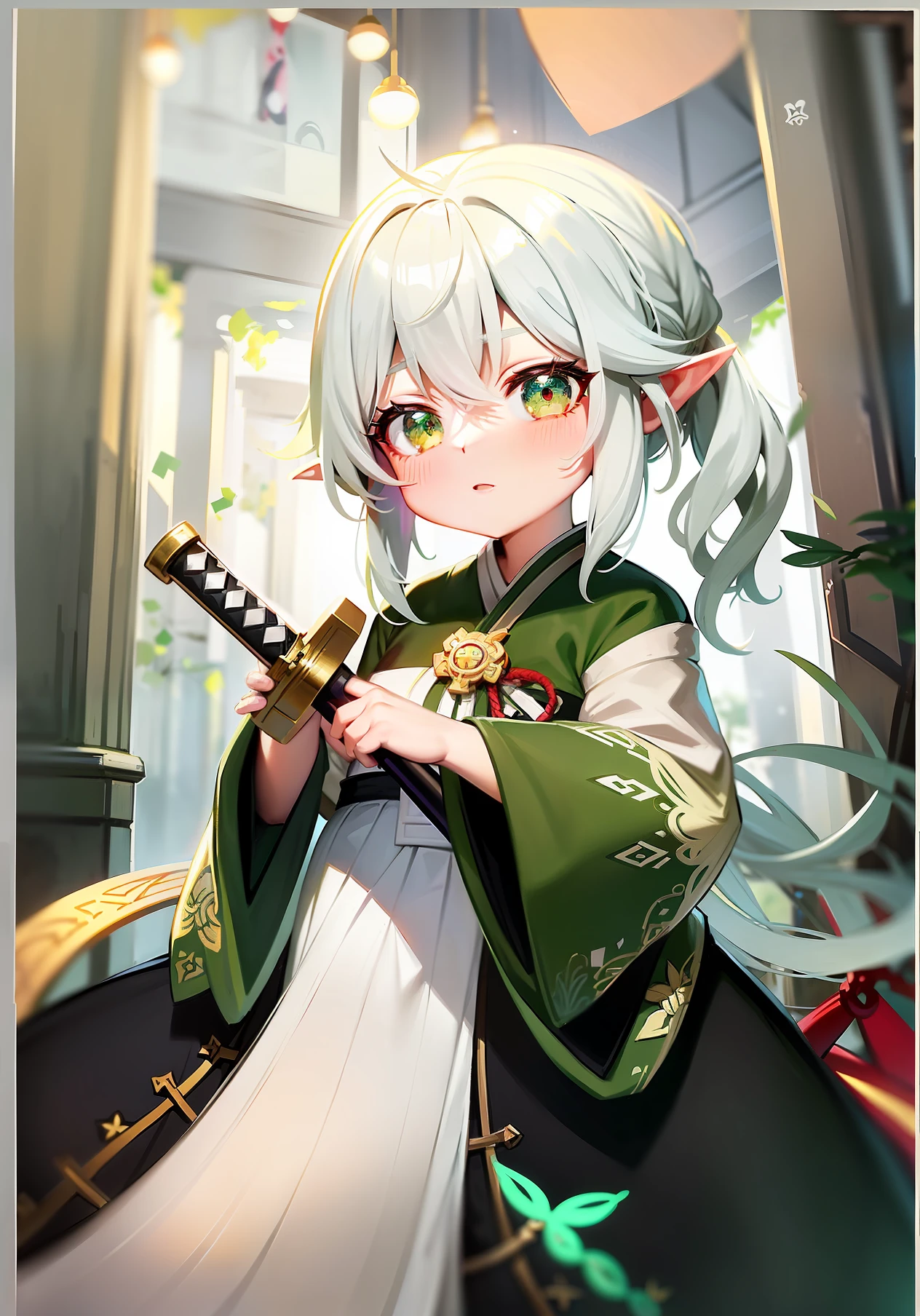 Anime girl with white hair and green eyes holding the hilt of a sword, Keqing from Genshin Impact, demon slayer rui fanart, White-haired god, Ayaka Genshin impact, Elf Girl, nyaruko-san, rogue anime girl, detailed anime character art, Genshin,Genshin character Nasida, portrait of a forest mage, anime visual of a cute girl, High quality anime art style