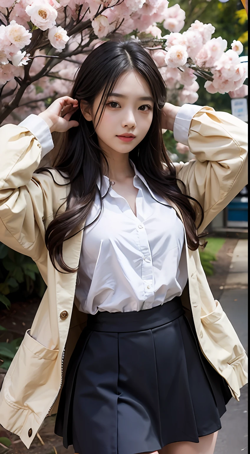 tmasterpiece、top-quality、真实感,Three-dimensional feeling,physically-based renderingt,A high resolution,A female high school student,Medium height,with a good figure,Short black shoulder-length hair、Student clothing jacket、a black skirt,White robe,stocklings,longer sleeves,Not exposed,ssmile,Toothy,slightly red face,trpical garden,Scenic beauty,Under the flower tree,dynamicposes,Well laid out,with whole body visible,Front Shooting,SLR shooting