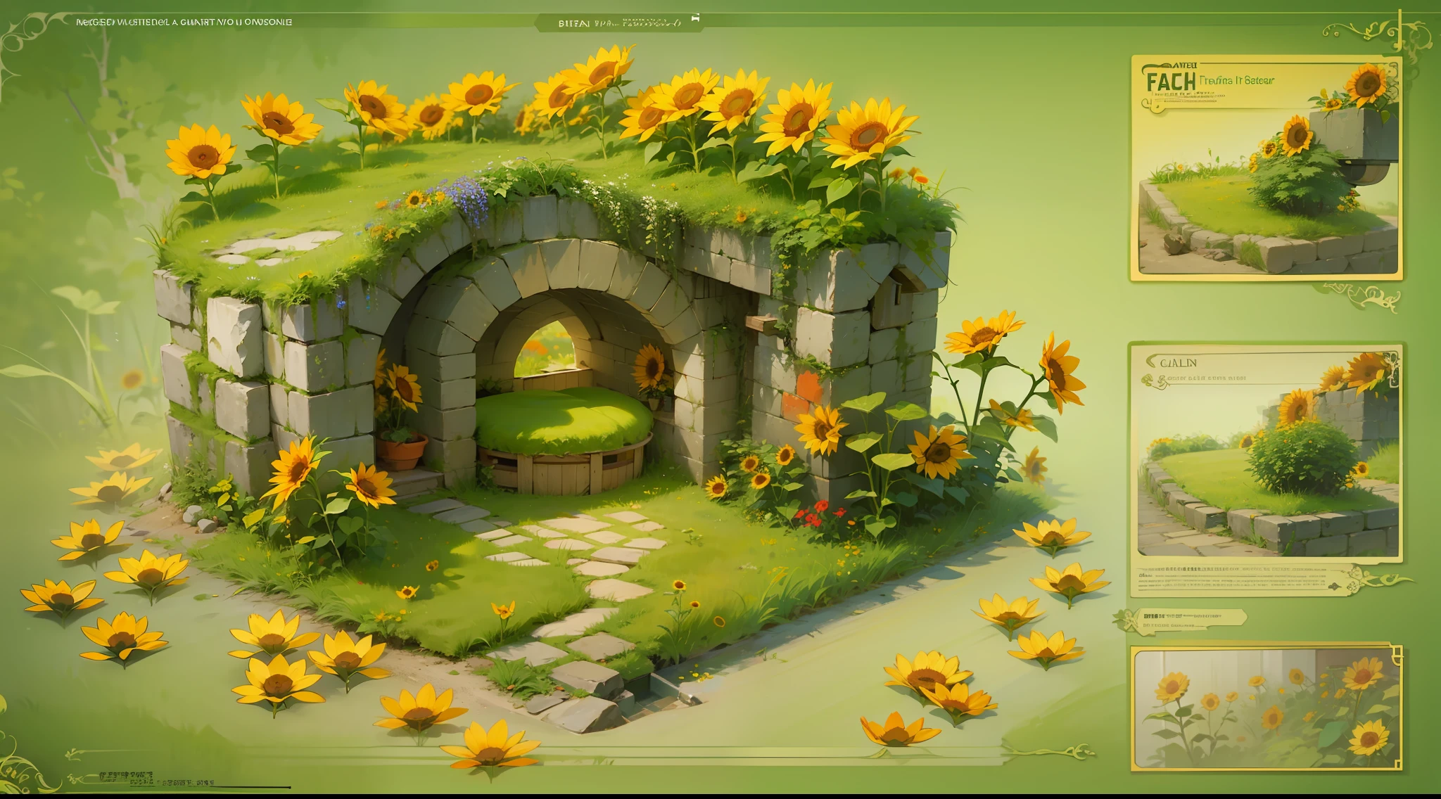 Terrain profile,garden theme, underground cave, The different rooms are neatly arranged，Brian Kessinger，cartoonish style，（dream magical，Conceptual digital art，（The is very detailed，reasonable design，Clear lines，High clarity，The best quality，tmasterpiece，4K）, sunflowers