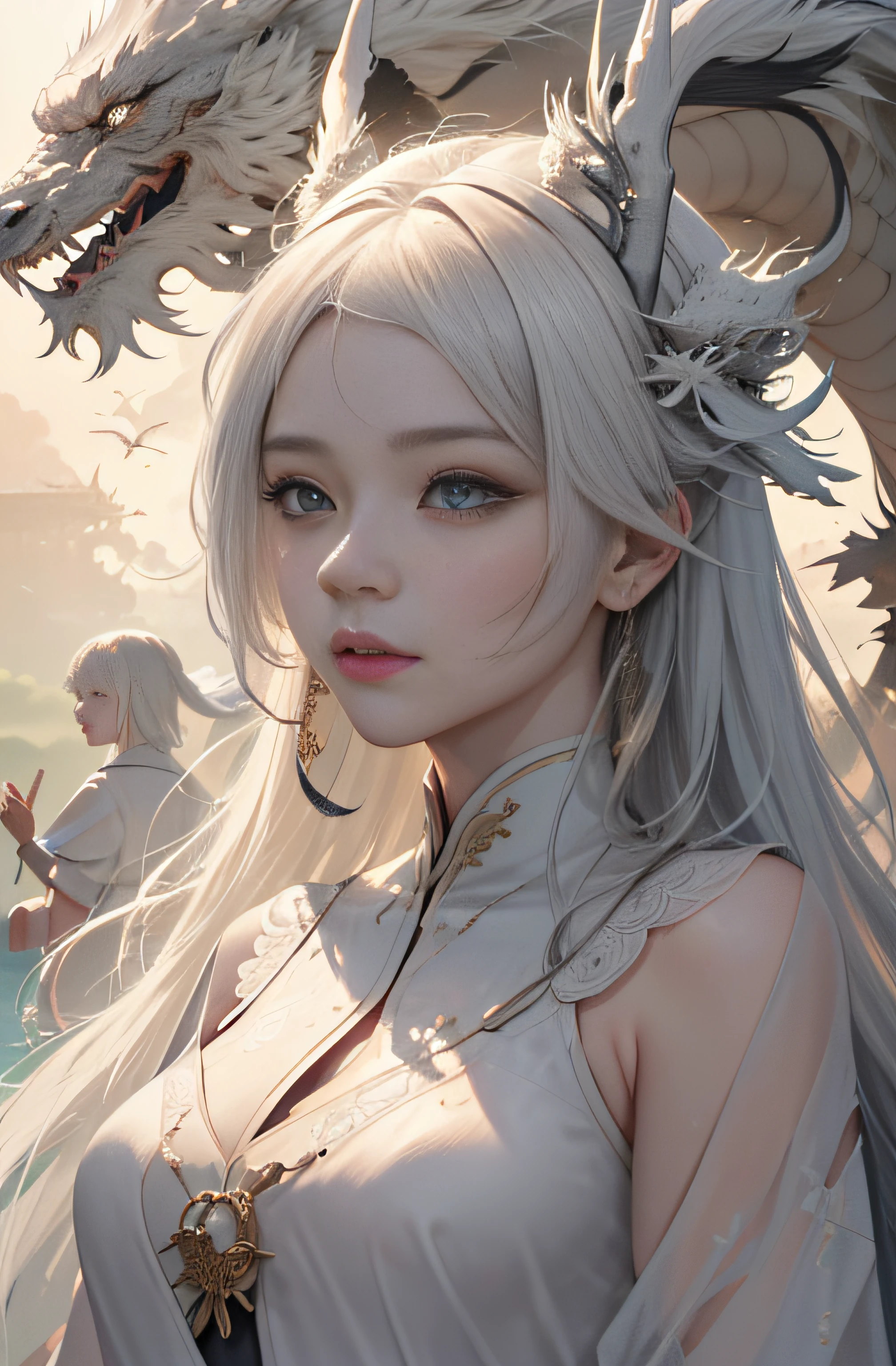 动态照明,Artistic sense,poster for,Volumetriclighting,Very detailed faces,8k wallpaper,Award-Awarded,1 girl with a perfect body,There is a white dragon beside him,Cinematic light and shadow