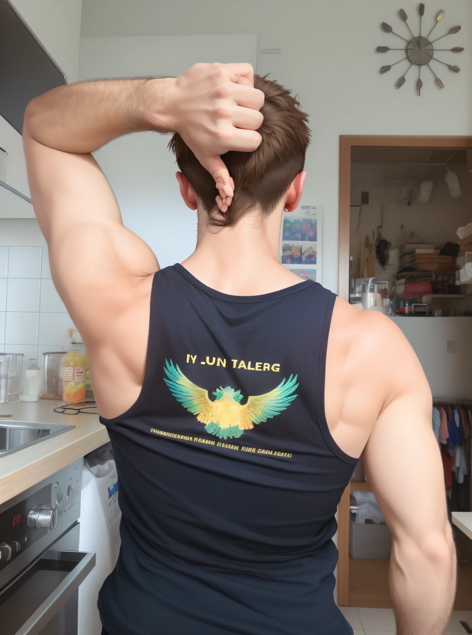 There is a man standing with his hands on his head, tragend : tanktop, back - view, Tanktop tragen, Back view, Tragen eines Tanktops, Tank-Top, Blick von hinten, Foto von hinten, von hinten fotografiert, Rear view too, Wings on the back, Von hinten gesehen, From back