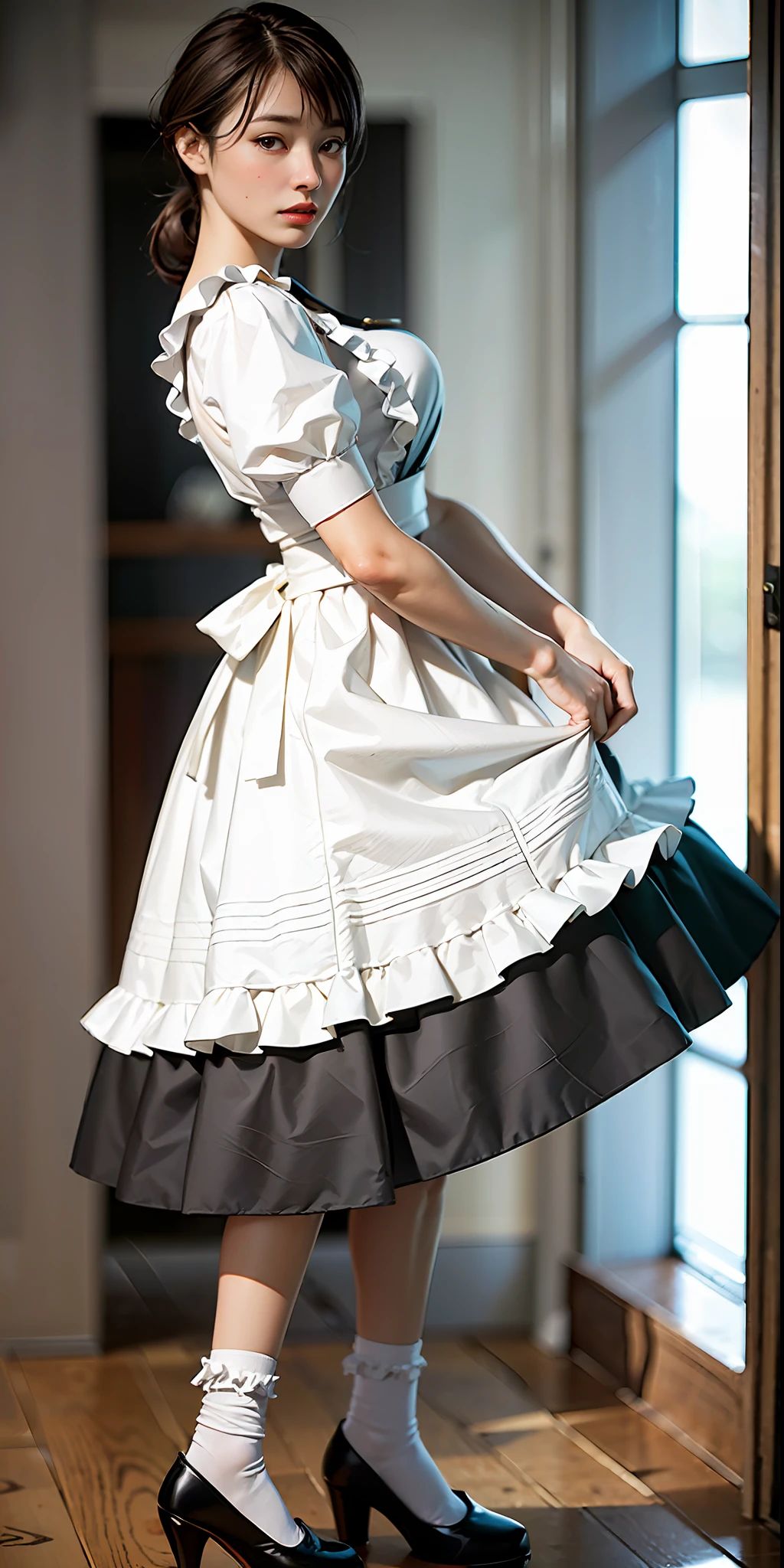 (high-detail:1.4)、(hyper realisitic:1.4)、(Smooth lighting:1.05)、32K、1womanl、24 year old Japan Victorian maid woman、Realistic lighting、Back lighting、Facial Lights、Ray tracing、(brightened light:1.2)、(Quality Improvement:1.4)、(Realistic textured skin of the highest quality:1.4)、fine detailed eyes、A detailed face、Fine quality eye、dark brown eyes、white backgrounid、White blouse、Ribbon Ties、Black long skirt、(White Apron)、Maid Katyusha、dark brown hair、Braided hair、poneyTail、(White Silk Ankle Socks、Fabric ruffles)、Black Strap Pumps、(is standing)