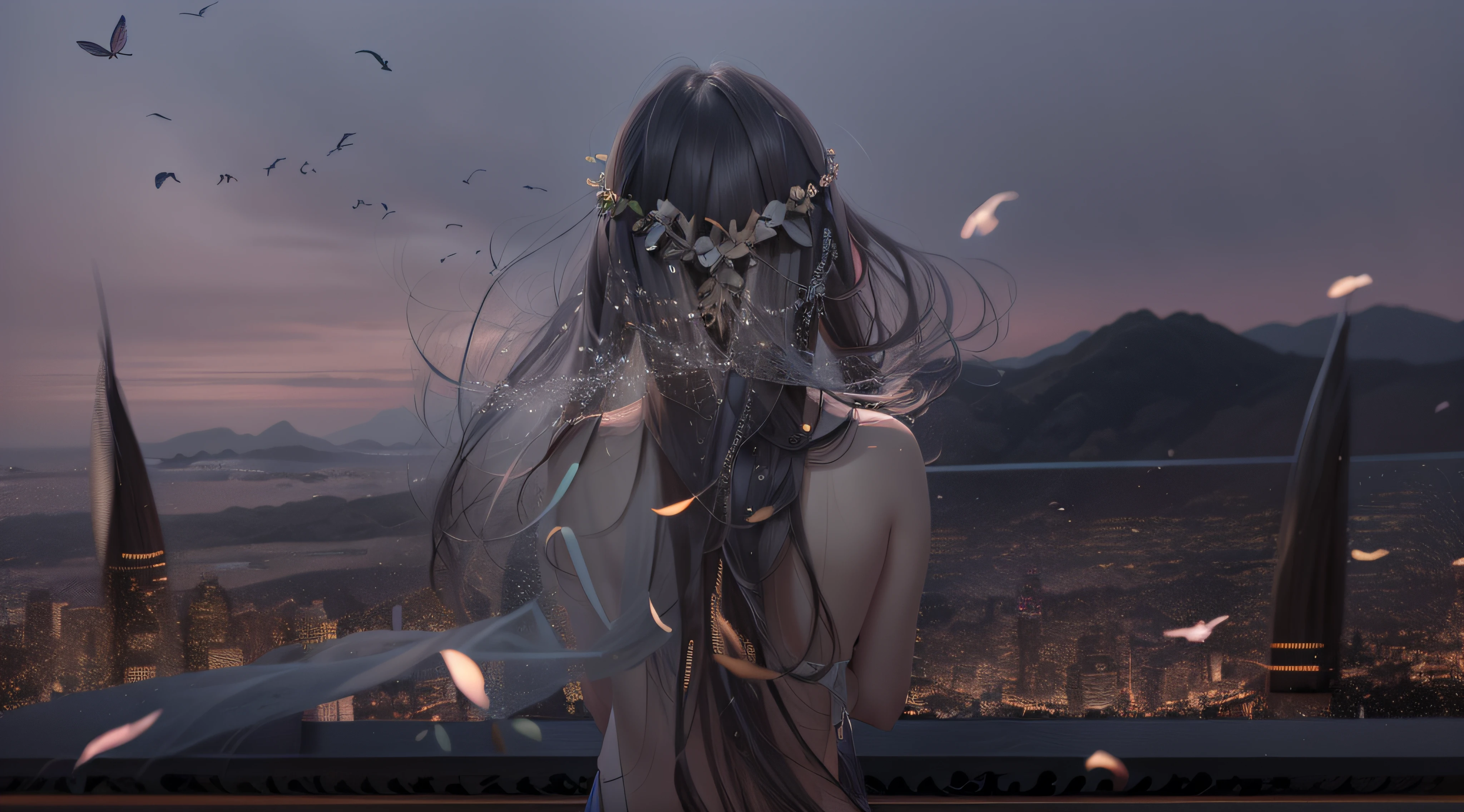 In front of the window stood a woman with long hair, Beautiful digital artwork, A beautiful artwork illustration, Tumblr, author：Shitao, ((Sunset)), this is beautiful, beautiful gorgeous digital art, beautiful digital art, Very Beautiful Digital Art, gorgeous digital art, Beautiful artwork, beautiful girl on the horizon, Beautiful depiction, [[fantasy]]