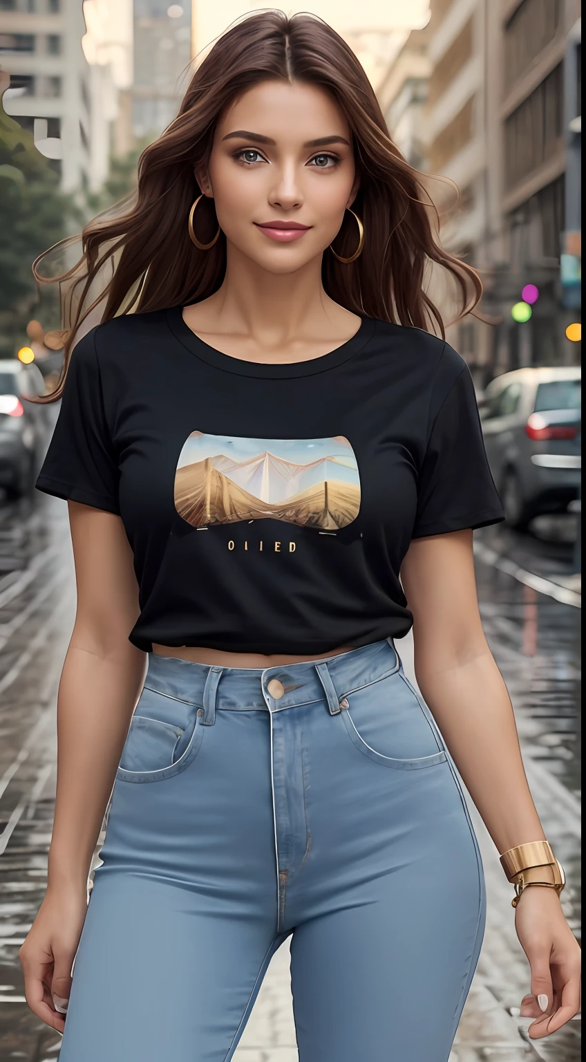 ((Best Quality, 8k, Masterpiece:1.3)), Focus: 1.2, Perfect Body Beauty: 1.4, front looking 1.2, ((Long Hair)), (Maroon color round neck plain Tee-shirt, lose fot, regular fit:1.1) , (Rainy Street:1.3), Blue skinny damage jeans, full length jeans: 1.1, Highly detailed face and skin texture, Detailed black eyes, Double eyelids, toned body, Whitened skin, smile, black hair's, jogger's, perfect feet's, firm breasts, firm thiges, looking at camera, fashion shoot style, carrying brown handbag, full body length tee-shirt, Short sleeves, lose fitting tee-shirt, blowing hairs, fashion hand bangle's, color earrings, gold bracelet, apple watch, regular fit Teeshirt, rainy weather, buses behen, evening environment