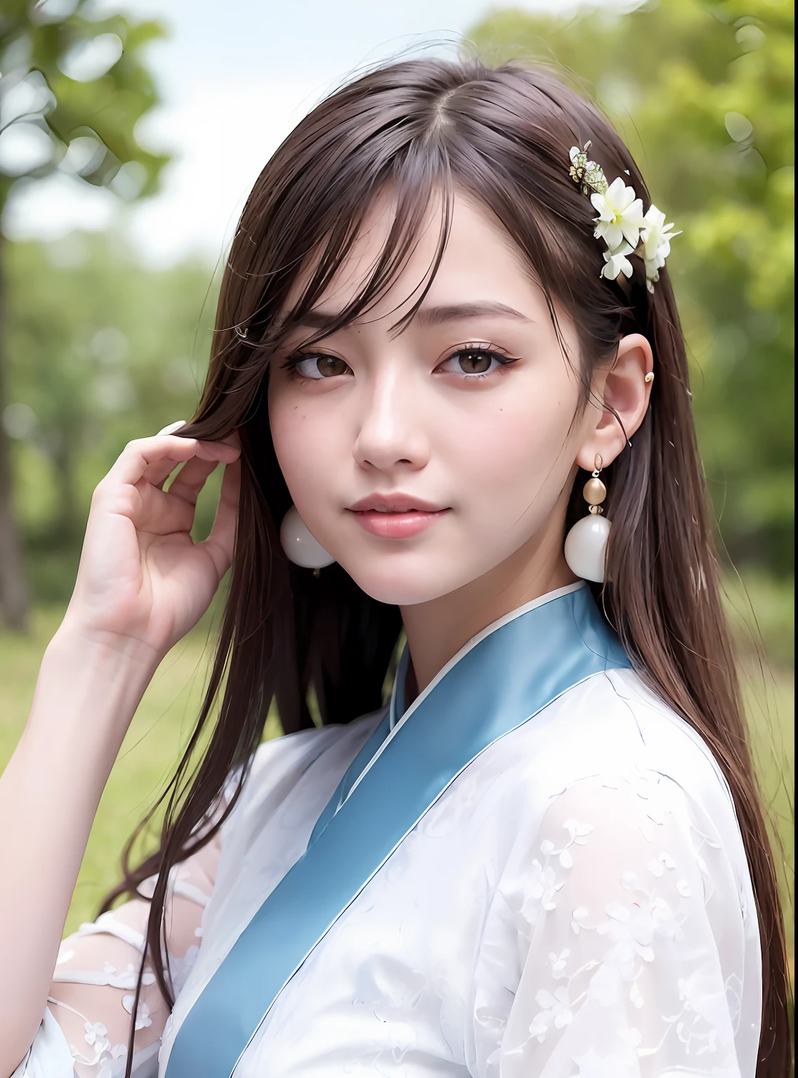 (8K, Best quality, Masterpiece:1.2),
(Realistic, photo-realistic:1.37),
Ultra-detailed,

1 girl, full bodyesbian, Outdoors, (Adjust hair:1.5)
Student women, Hanfu

Beautiful earrings,
Cute,
Solo,
Beautiful detailed sky,
(Smile:1.15),
(Closed mouth),
Small breasts,
Beautiful detailed eyes,
,(Short hair:1.2),
Floating hair NovaFrogStyle,