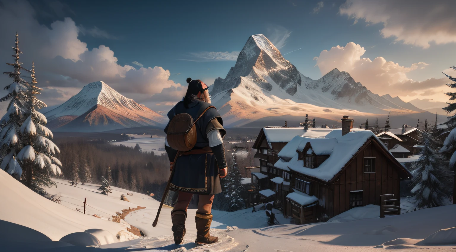 A cute dwarf，With a black beard，In the middle of the village，with his back turned，Look at mountains with snow on the horizon