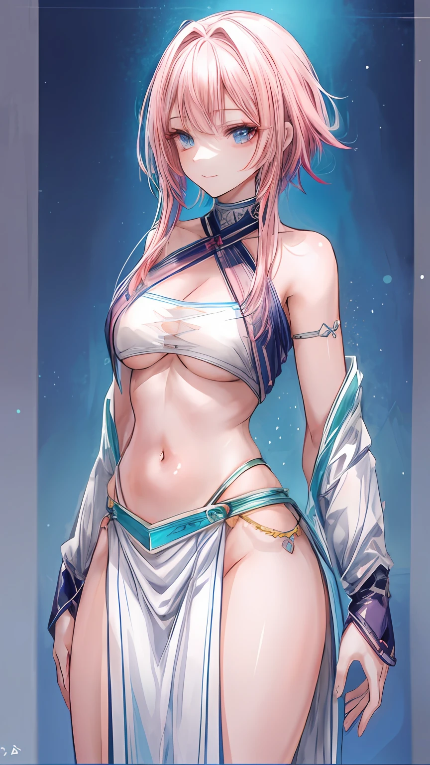 (A beautiful anime girl with short, vibrant pink hair and captivating blue eyes, sitting gracefully. She is wears a stunningly sexy and exposing outfit, radiating elegance and charm. Her smile brightens up the room, complementing her fair and flawless complexion.)