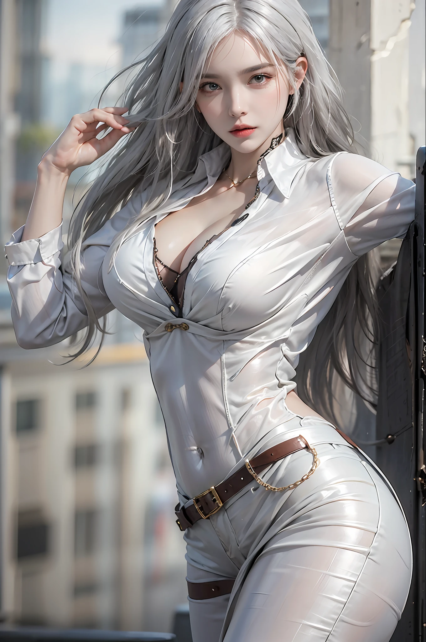 photorealistic, high resolution, 1 women, solo, hips up, look at viewer, (detailed face), white hair, long hair, medium breasts, detective costume, gloves