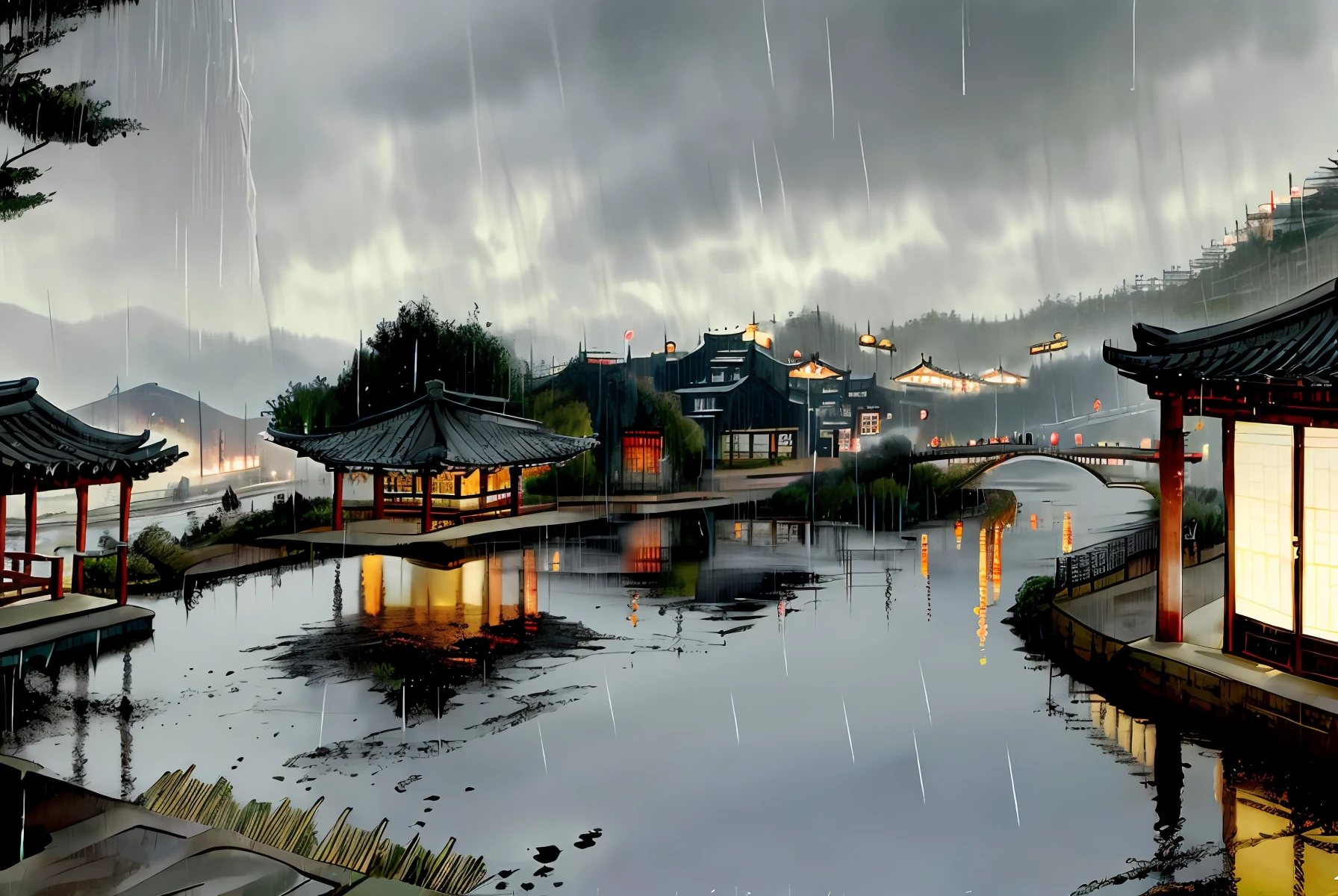 arafed view of a village with a lot of lights on the buildings, dreamy chinese town, chinese village, amazing wallpaper, japanese town, japanese village, hyper realistic photo of a town, old asian village, japanese city, by Raymond Han, rainy evening, cyberpunk chinese ancient castle, beautifully lit buildings, at evening during rain, beautiful and aesthetic, photography, cinematic, 8k, high detailed ((Heavy rain)))