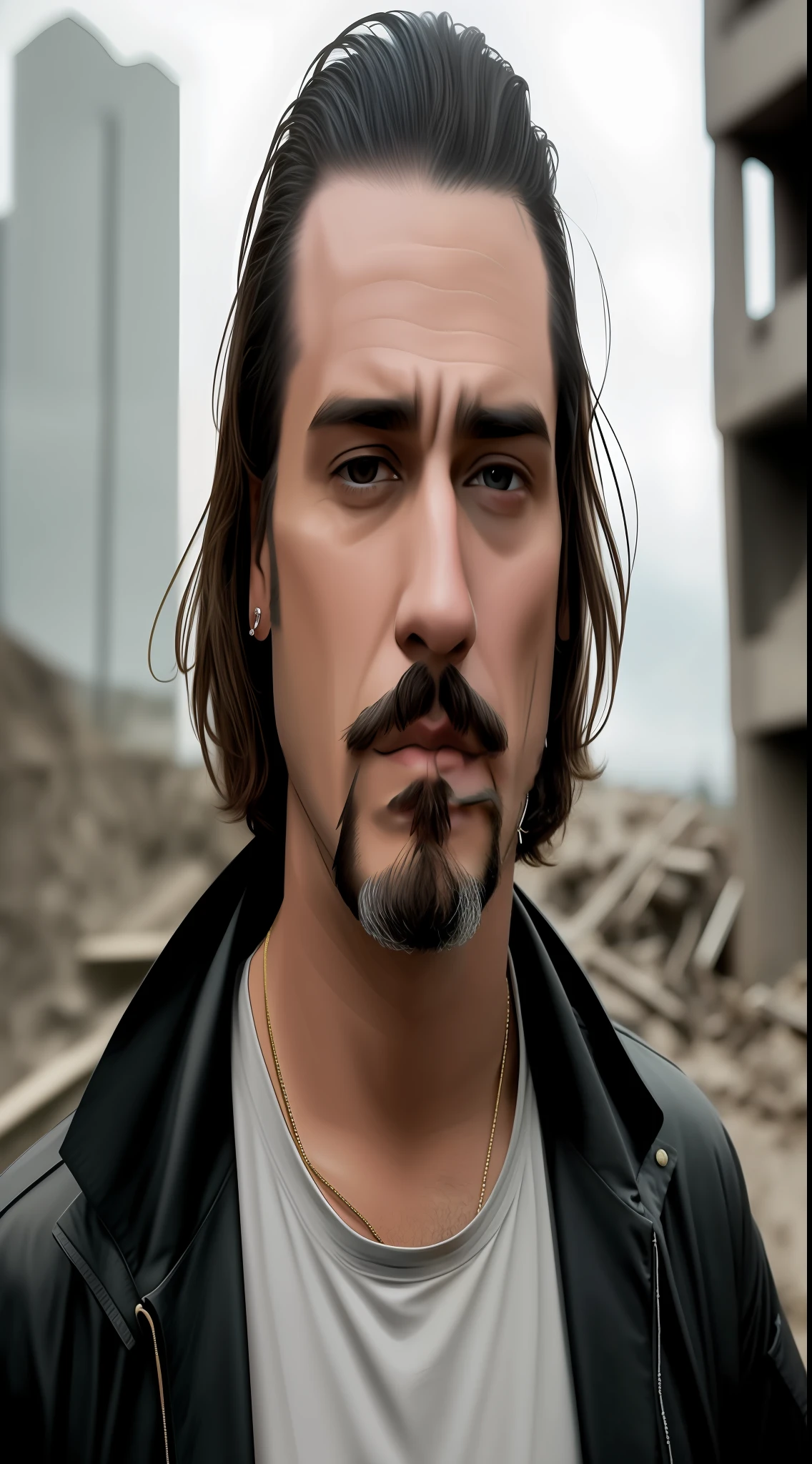thin man Latin goatee poor serious destruction