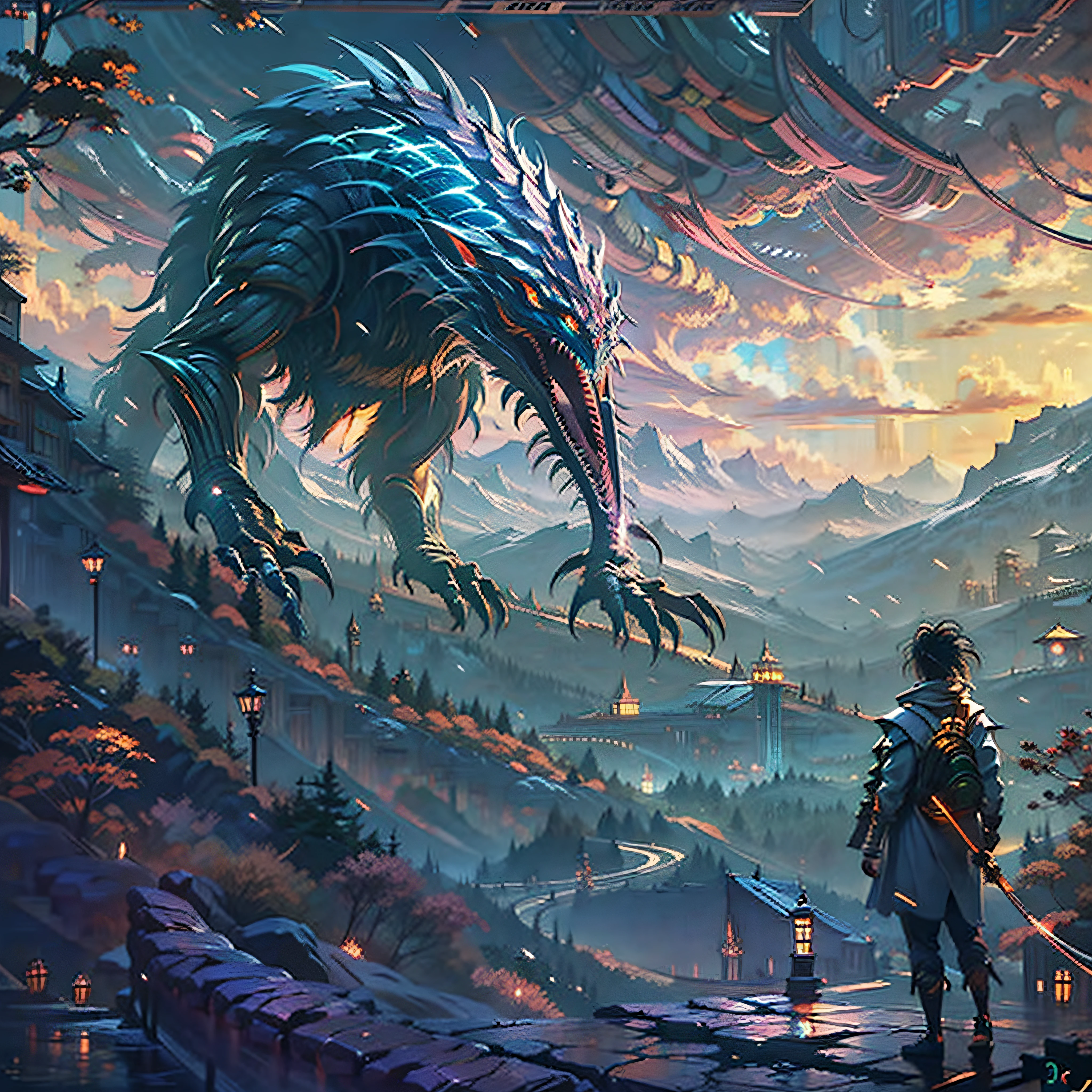 A very detailed highlight painting,Depicts a man on a mountain looking at a giant alien monster,author: Makoto Shinkai,Written by Artgerm,Author wlop,Written by Greg Rutkowski,Volumetriclighting,rendering by octane,4K 分辨率,ArtStation Trends,tmasterpiece,visions,Look up(2:3),mizore,{Big mountain in the background},the trees,Highlight monsters。