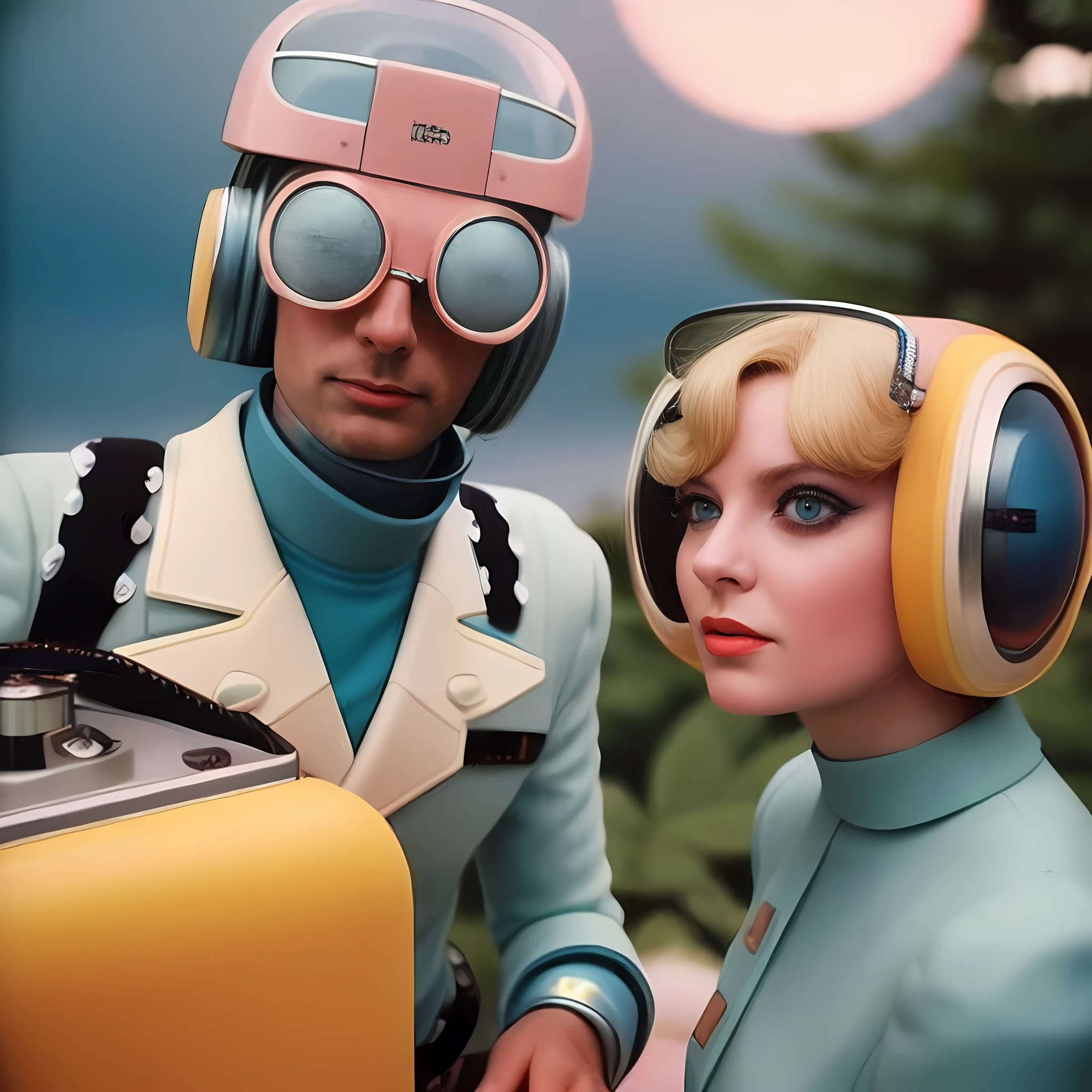 They're wearing headphones and helmets and they're next to each other, 7 0's vintage sci - estilo fi, Retro Sci - Imagem de FI, Estilo = retrofuturismo, retro-futurista, retro - futuristic, Retro - Futurism, retrofuturismo, retro science fiction film, futuristic retro, retro futuristic style, Retro Sci - Science fiction film, retro futurism, vintage sci-fi