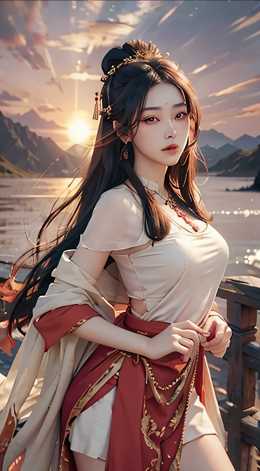 NSFW,(RAW photos,best qualtiy),(realisticlying,photograph realistic:1.3),best qualtiy,highly detailed,tmasterpiece,ultra - detailed,illustratio,1girll,dynamic angle,Masterpiece Theatre of the World,Messy_Long_Hair,best qualtiy,the Extremely Detailed CG Unity 8K Wallpapers,ink,astounding,cinmatic lighting,lens_flare,dunhuang_Style,s the perfect face,delicated face,eye detailed,Milky skin,Dusk background(Red sunset,1.5),(an ancient Chinese goddess,1.5),Gentle and mature,Draped with hair,(stands aside the river,1.5),(Modest clothes,1.5),(simple hairstyle,1.5),