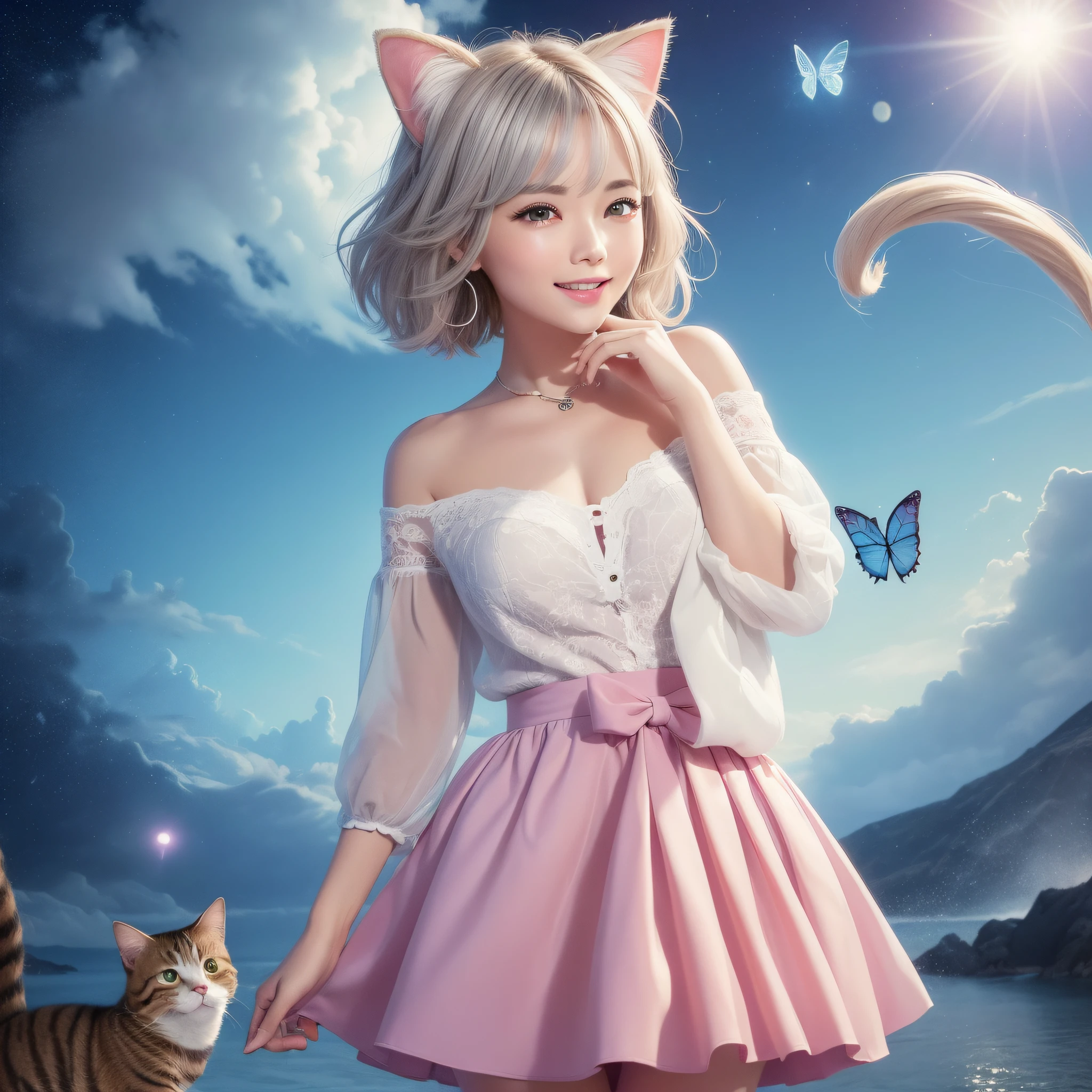 write、Face Close-up、Face Zoom、Super masterpiece、vivd colour、colourfull、One woman's face and a laughing cat next to it、((Cute cat in clothes)),Anthropomorphic representation, Rich colors, exquisitedetails, （masutepiece,Best Quality:1.5), (Butterfly exquisite CG), (High resolution:1.5)、（round and large eyes）（Smile with the corners of your mouth raised、Open your mouth a little、lipgloss）、（short silver hair、fluffy hair）、（the background is the universe、shine）、