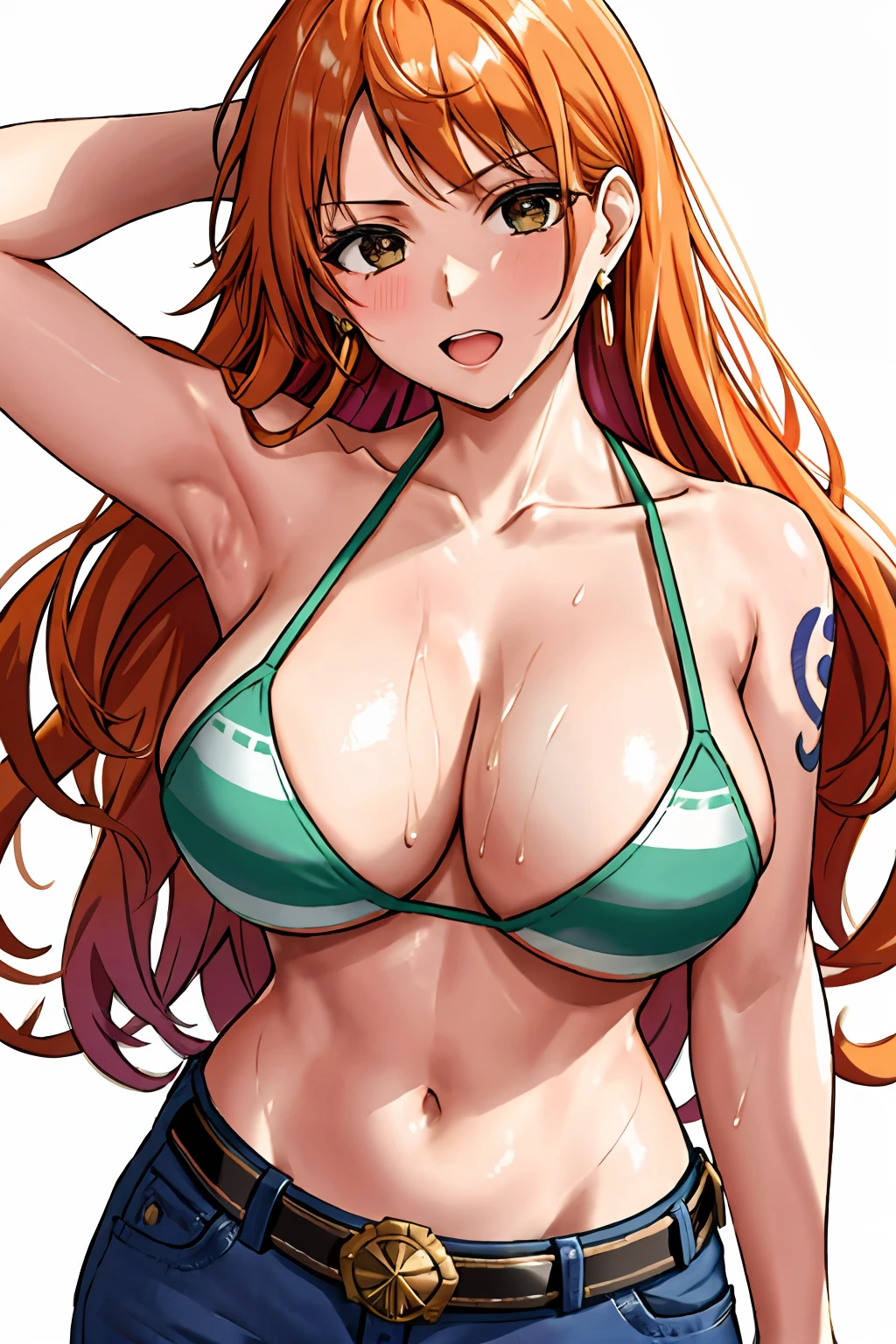 detailed background, masterpiece, 4k, best quality, late youth, adult, wrestler body, 1girl, active, energic, uppercut, (large mouth) , solo, nami \(one piece\), 1girl, bangle, (very wet, drenched in sweat, sweat all over body, very wet hair, tired, taking breath, open mouth, sweaty face, sweaty body, panting, sweating too much, shiny sweat, sweat stains, leaning forward, tilting, waving good bye with both hands), perfect detailed face, bold drawing lines, muscular arms, detailed bold arm lines, flat jaw, adult woman, wavy wide streaked bangs, floating bang streaks, (big cheeks), bare shoulders, off-shoulders, belt, bikini, bikini top only, blue sky, bracelet, springy breasts, breast lines, big round eyes, plain big brown shiny eyes, bubbles, high eye position, cleavage, cloud, day, denim, earrings, floating hair, shiny hair, green belt, green bikini, bold groin lines, jeans, jewelry, large breasts, log pose, long hair, looking at viewer, navel, wet hair, orange hair, pants, shoulder tattoo, sidelocks, sky, solo, standing, stomach, swimsuit, tattoo , looking at viewer, open mouth, detailed left arm, big forehead, hourglass figure, small head, toned body, wide hair, wind effect, sun effect, under the sun, narrow small ears angle, older, random poses,