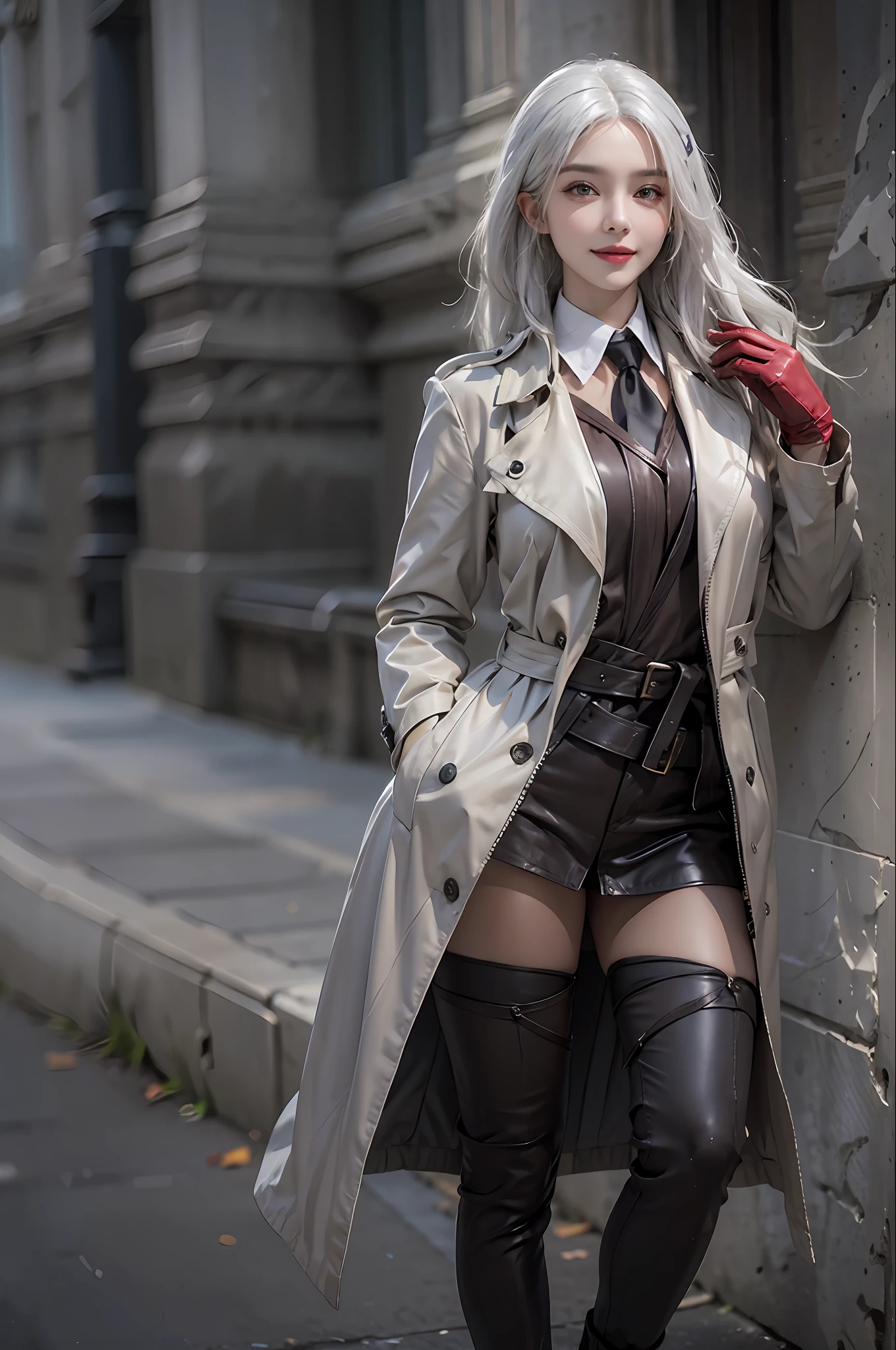 photorealistic, high resolution, 1 women, solo, hips up, look at viewer, (detailed face), white hair, long hair, medium breasts, detective costume, gloves, trench coat, smile