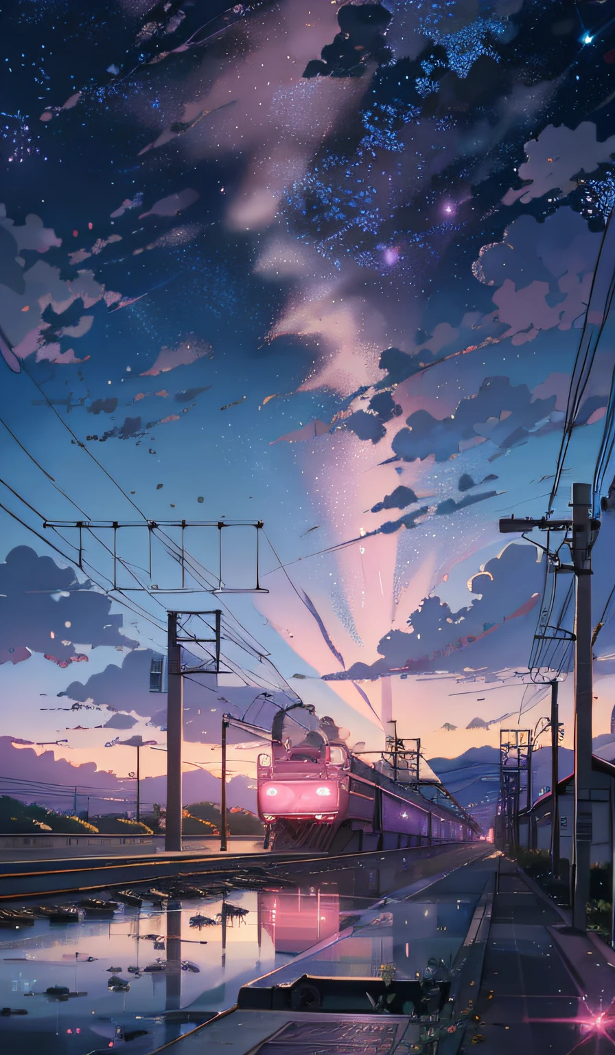 anime scene of a train passing under a pink and purple sky, an anime drawing by Makoto Shinkai, trending on pixiv, magical realism, beautiful anime scene, cosmic skies. by makoto shinkai, ( ( makoto shinkai ) ), by makoto shinkai, anime background art, style of makoto shinkai