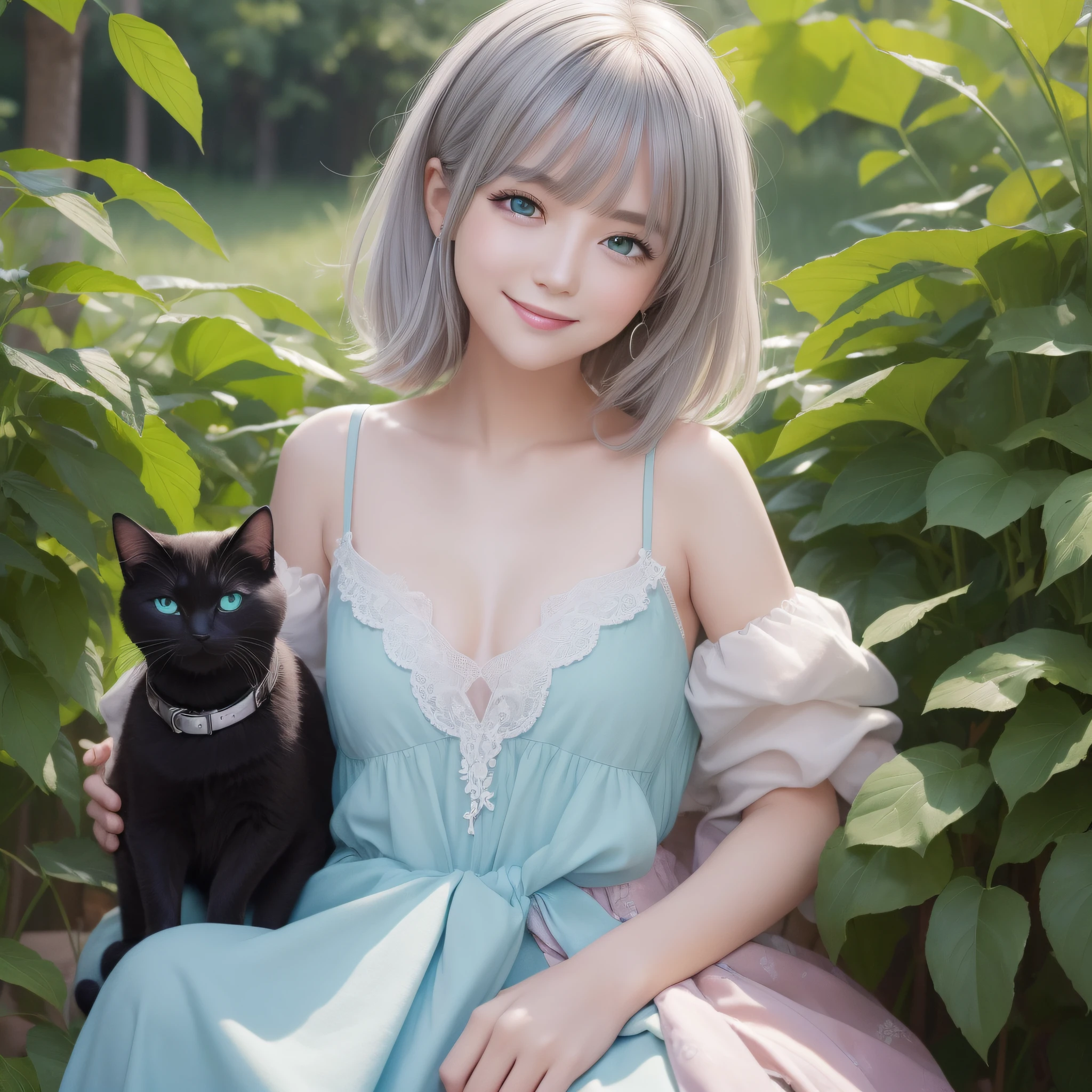 Super masterpiece、vivd colour、colourfull、One woman's face and a laughing cat next to it、((Cute cat in clothes)),Anthropomorphic representation, Rich colors, exquisitedetails, (masutepiece,Best Quality:1.5), (Butterfly exquisite CG), (High resolution:1.5)、(deep dark green eyes、Sapphire green eyes、round and large eyes)(Smile with the corners of your mouth raised、Open your mouth a little、lipgloss)、(short silver hair、fluffy hair)、(the background is the universe、shine)、