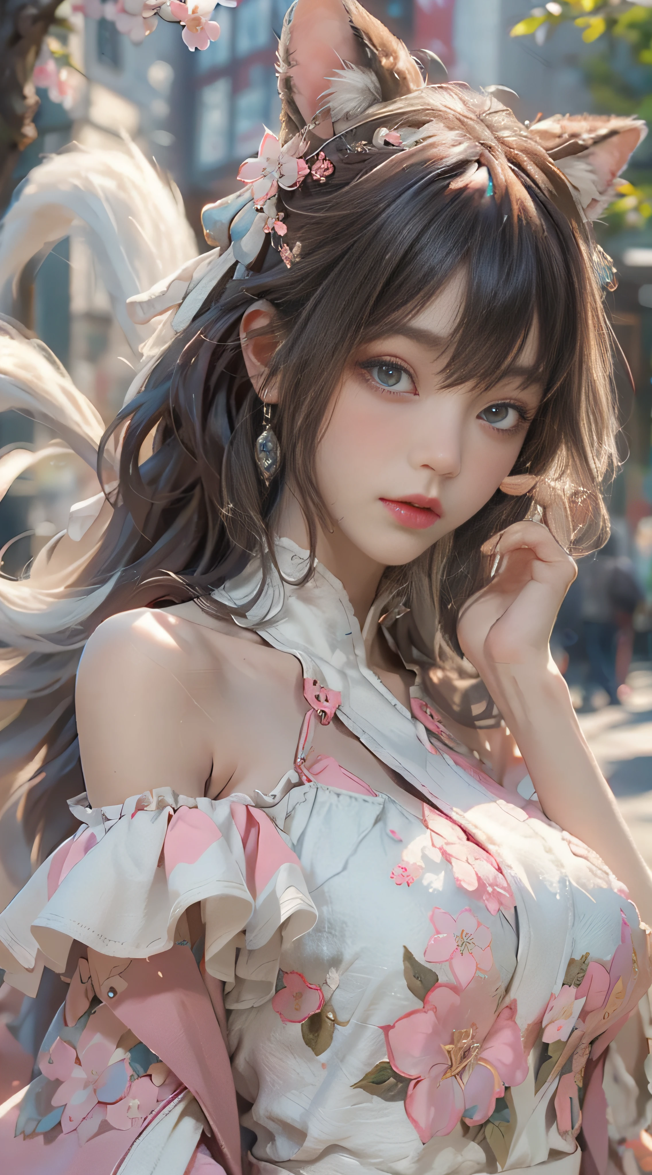 ((best qualtiy)), ((tmasterpiece)), (detail:1.4), Beautiful cyberpunk female images,hdr(HighDynamicRange),Ray traching,NVIDIA RTX,Hyper-Resolution,illusory 5,sub surface scattering,PBR textures,post-proces,Anisotropy Filtering,depth of fields,maximum definition and sharpness,Many-Layer Textures,Albedo e mapas Speculares,Surface coloring,Mitsu-Accurate simulation of material interactions,perfectly proportioned,rendering by octane,Two-colored light,largeaperture,Low ISO,White balance,Rule three points、8K raw data、Beautiful bright blue pupils,off-the-shoulder clothes,Fine pupils,Delicate face and eyes,long eyelasher,Blushlush,Delicate and fluffy hair,pink lip,Pure,Cute face,Sweet girl,Artistic sense,Casual wear,Advancedsense,butterflys,Cherry blossom petal,Beautiful hair accessories,Long hair and waist,Hair fluttering in the wind,Snow-white fox ears,curlies,Snow-white fluffy tail,Positive light,The light from the back window is backlighted