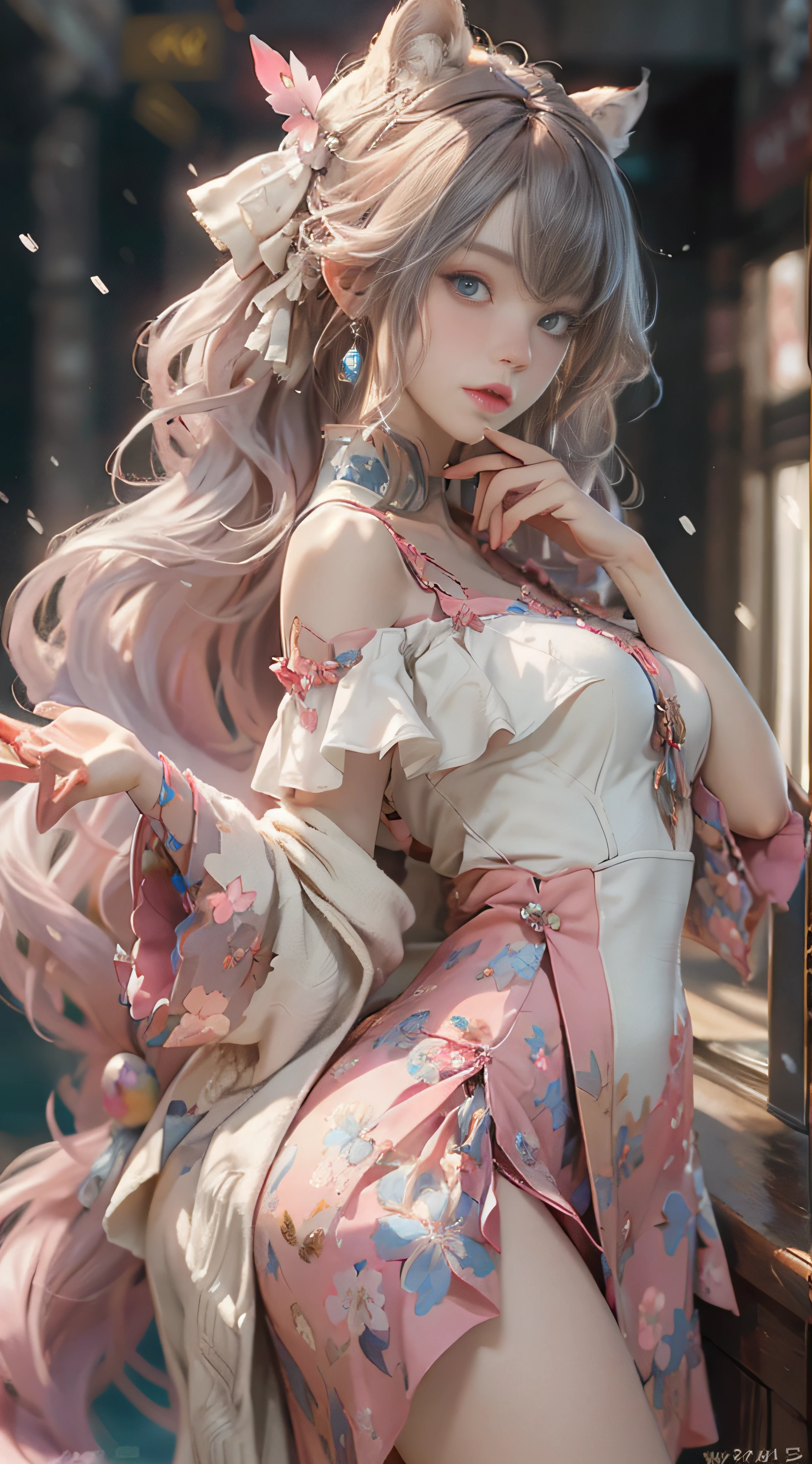 ((best qualtiy)), ((tmasterpiece)), (detail:1.4), Beautiful cyberpunk female images,hdr(HighDynamicRange),Ray traching,NVIDIA RTX,Hyper-Resolution,illusory 5,sub surface scattering,PBR textures,post-proces,Anisotropy Filtering,depth of fields,maximum definition and sharpness,Many-Layer Textures,Albedo e mapas Speculares,Surface coloring,Mitsu-Accurate simulation of material interactions,perfectly proportioned,rendering by octane,Two-colored light,largeaperture,Low ISO,White balance,Rule three points、8K raw data、Beautiful bright blue pupils,off-the-shoulder clothes,Fine pupils,Delicate face and eyes,long eyelasher,Blushlush,Delicate and fluffy hair,pink lip,Pure,Cute face,Sweet girl,Artistic sense,Casual wear,Advancedsense,butterflys,Cherry blossom petal,Beautiful hair accessories,Long hair and waist,Hair fluttering in the wind,Snow-white fox ears,curlies,Snow-white fluffy tail,Positive light,The light from the back window is backlighted