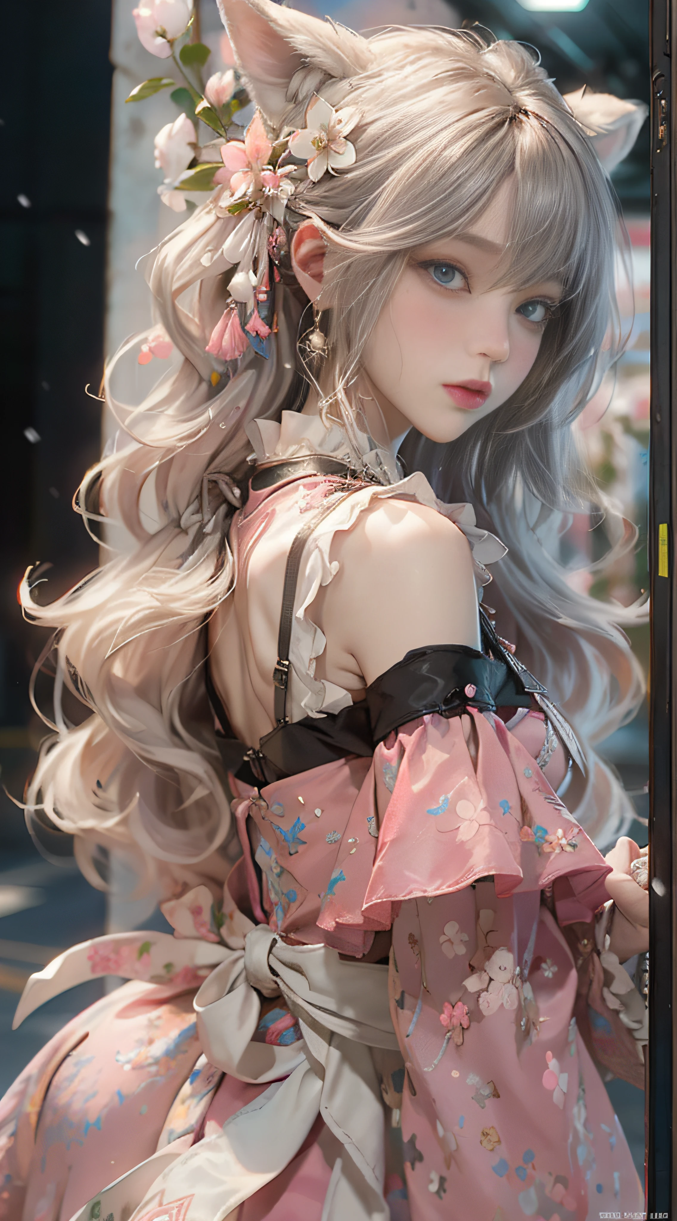 ((best qualtiy)), ((tmasterpiece)), (detail:1.4), Beautiful cyberpunk female images,hdr(HighDynamicRange),Ray traching,NVIDIA RTX,Hyper-Resolution,illusory 5,sub surface scattering,PBR textures,post-proces,Anisotropy Filtering,depth of fields,maximum definition and sharpness,Many-Layer Textures,Albedo e mapas Speculares,Surface coloring,Mitsu-Accurate simulation of material interactions,perfectly proportioned,rendering by octane,Two-colored light,largeaperture,Low ISO,White balance,Rule three points、8K raw data、Beautiful bright blue pupils,off-the-shoulder clothes,Fine pupils,Delicate face and eyes,long eyelasher,Blushlush,Delicate and fluffy hair,pink lip,Pure,Cute face,Sweet girl,Artistic sense,Casual wear,Advancedsense,butterflys,Cherry blossom petal,Beautiful hair accessories,Long hair and waist,Hair fluttering in the wind,Snow-white fox ears,curlies,Snow-white fluffy tail,Positive light,The light from the back window is backlighted