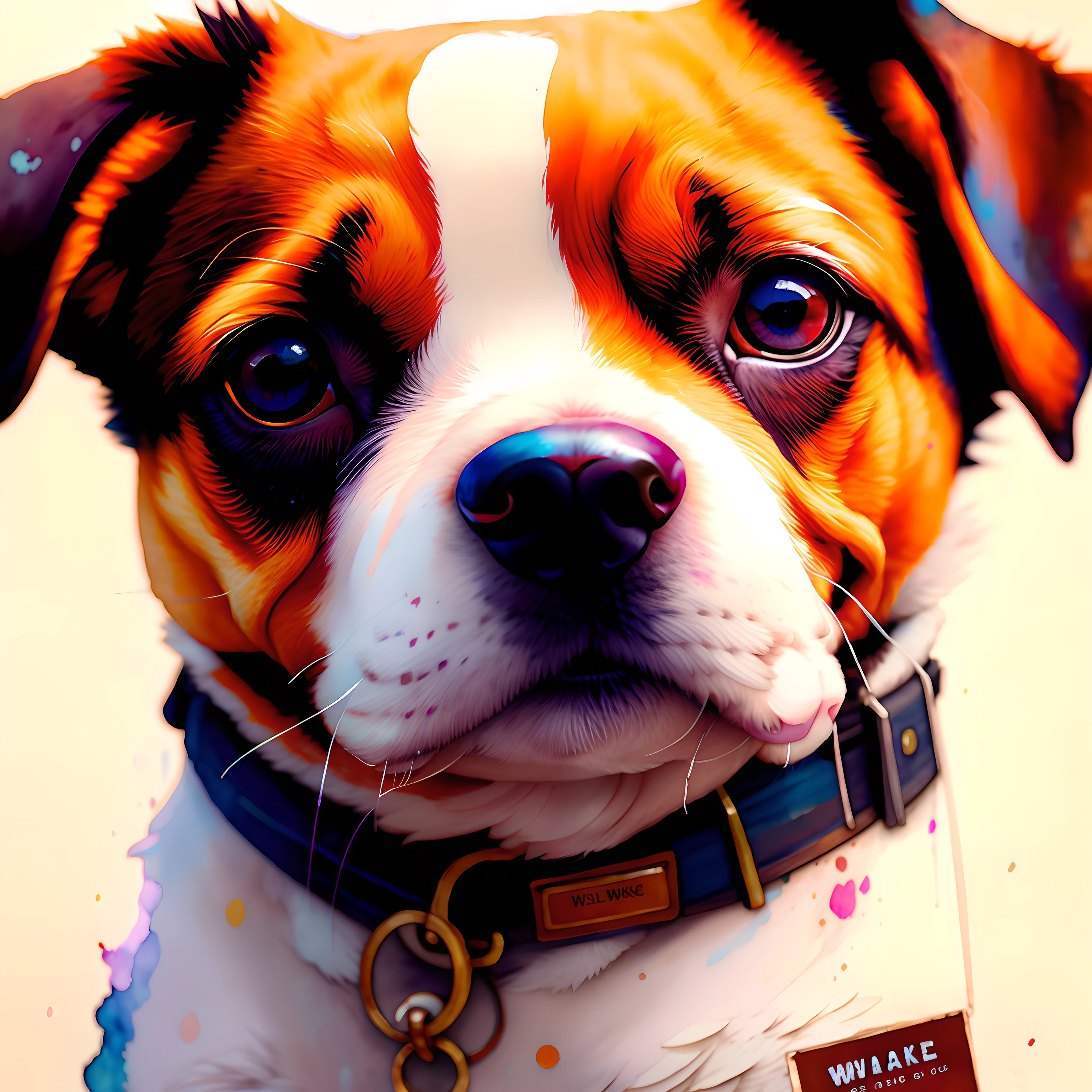 wtrcolor style、(Dog character) Digital Art、Official Art、frontage、a smile、​masterpiece、Beautiful fece、((aquarelle))、Face Paint、Splatters of paint、intricate detailes。Highly detailed and detailed eyes、[dripping:0.5]、ArtStation Trends、Rachel Walker 作、Maltese dogs