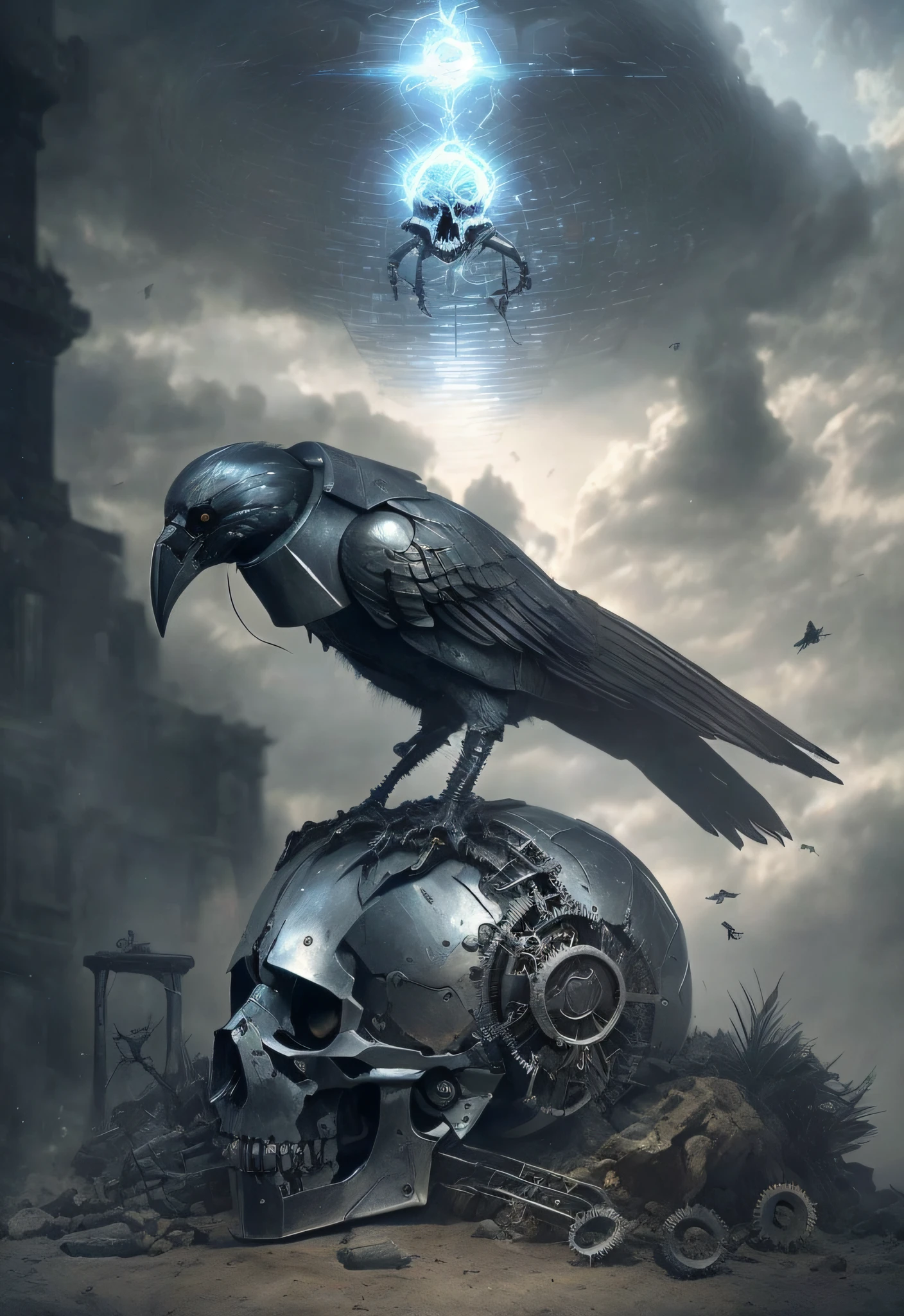 There's a robot crow ((Cybernate)):5 ((Roboto)) pousado em cima de um ((Skull with mechanical parts of a cyborg)), uma (((ampuleta de areia))):5, Alto contraste, ciberpunk, inspirado por Brian Despain, Directed by: Brian Despain, inspirado em Gonzalo Endara Corvo, Directed by: Gonzalo Endara Corvo, Directed by: Todd Lockwood, ((Corvo em Cyber Armour)), crows as a symbol of death, detailed crow illustration, Directed by: Galeno Dara, Directed by: Andre Ferez, Corvo Attano