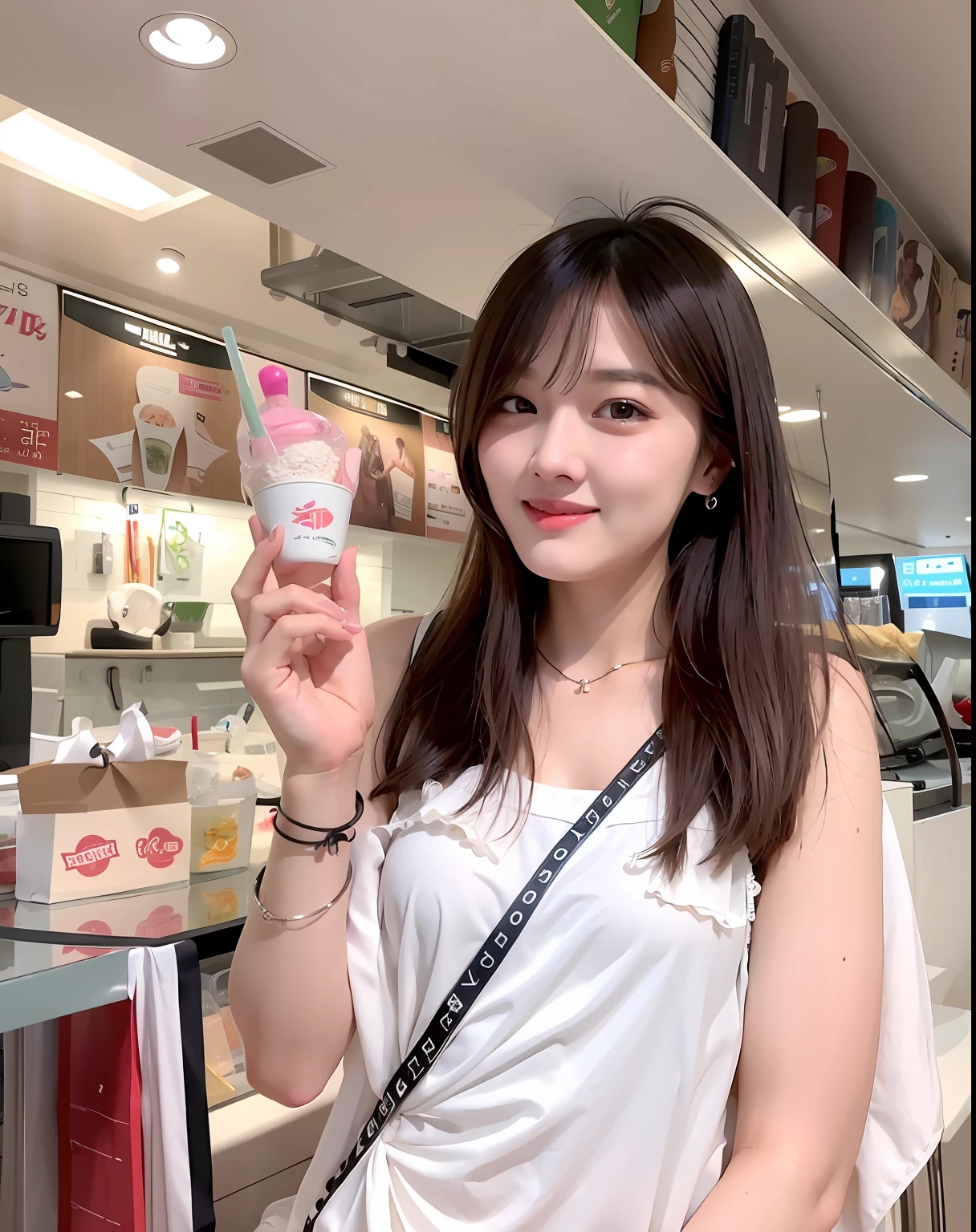 Woman in white dress holding up a tube of ice cream, krystal, dilraba dilmurat, jaeyeon nam, Choi Hong Hwa, wenfei ye, Jinyoung Shin, trending at cgstation, xintong chen, sakimichan, Gorgeous young Korean woman, Korean Girl, beautiful Korean women, joy ang, Beautiful young Korean woman