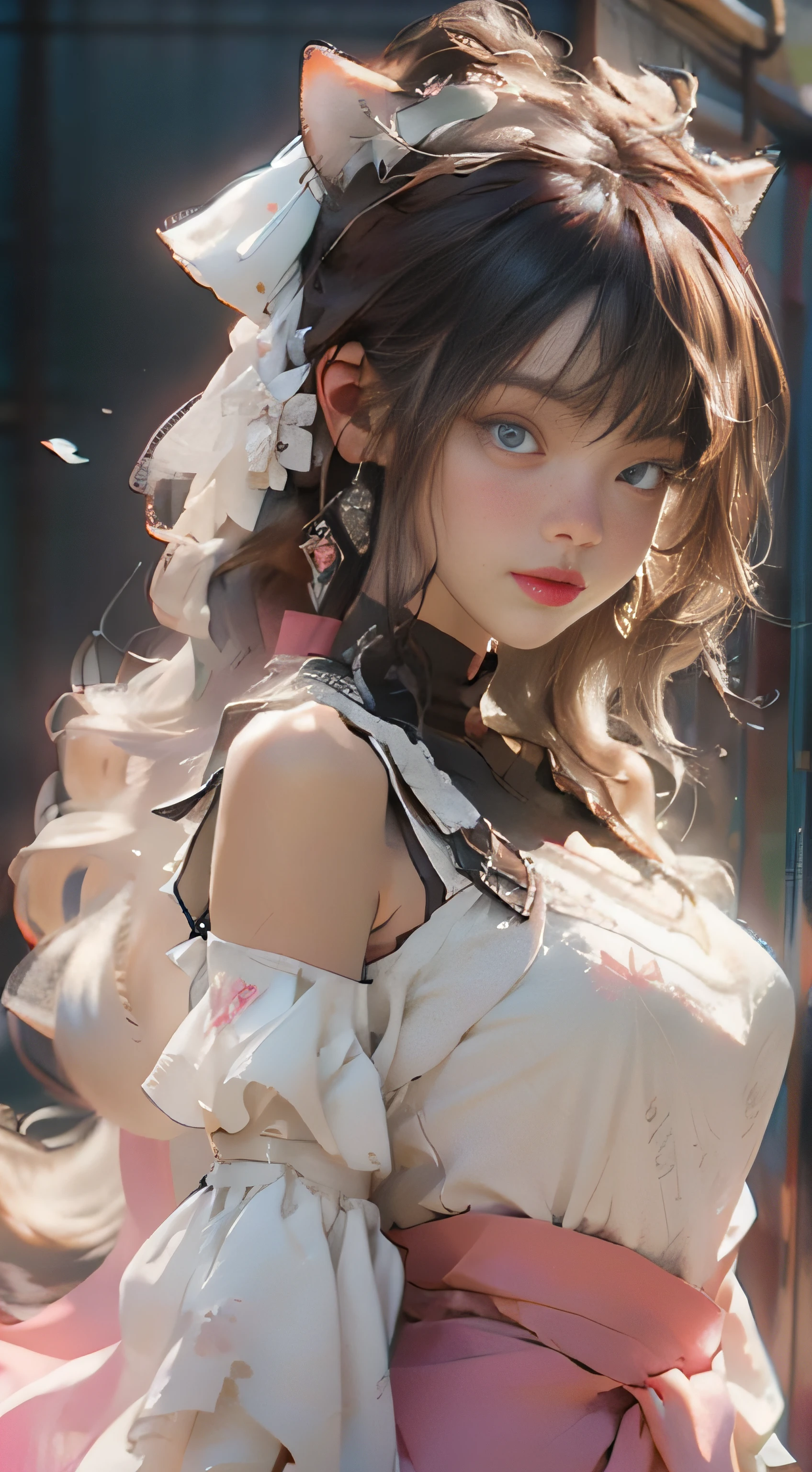 ((best qualtiy)), ((tmasterpiece)), (detail:1.4), Beautiful cyberpunk female images,hdr(HighDynamicRange),Ray traching,NVIDIA RTX,Hyper-Resolution,illusory 5,sub surface scattering,PBR textures,post-proces,Anisotropy Filtering,depth of fields,maximum definition and sharpness,Many-Layer Textures,Albedo e mapas Speculares,Surface coloring,Mitsu-Accurate simulation of material interactions,perfectly proportioned,rendering by octane,Two-colored light,largeaperture,Low ISO,White balance,Rule three points、8K raw data、Beautiful bright blue pupils,off-the-shoulder clothes,Fine pupils,Delicate face and eyes,long eyelasher,Blushlush,Delicate and fluffy hair,pink lip,Pure,Cute face,Sweet girl,Artistic sense,Casual wear,Advancedsense,butterflys,Cherry blossom petal,Beautiful hair accessories,Long hair and waist,Hair fluttering in the wind,Snow-white fox ears,curlies,Snow-white fluffy tail,Positive light,The light from the back window is backlighted