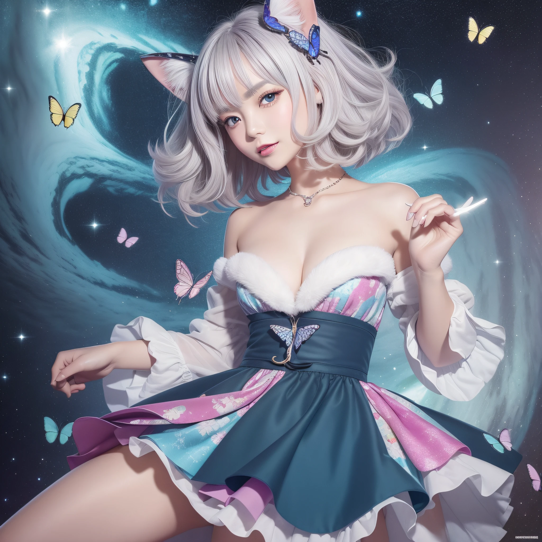 Super masterpiece、vivd colour、colourfull、One woman's face、((Cute cat in clothes)),Anthropomorphic representation, Rich colors, exquisitedetails, (masutepiece,Best Quality:1.5), (Butterfly exquisite CG), (High resolution:1.5)、(deep dark green eyes、Sapphire green eyes、round and large eyes)(Raise the corners of your mouth and smile、Open your mouth a little、lipgloss)、(short silver hair、fluffy hair)、(the background is the universe、shine)、