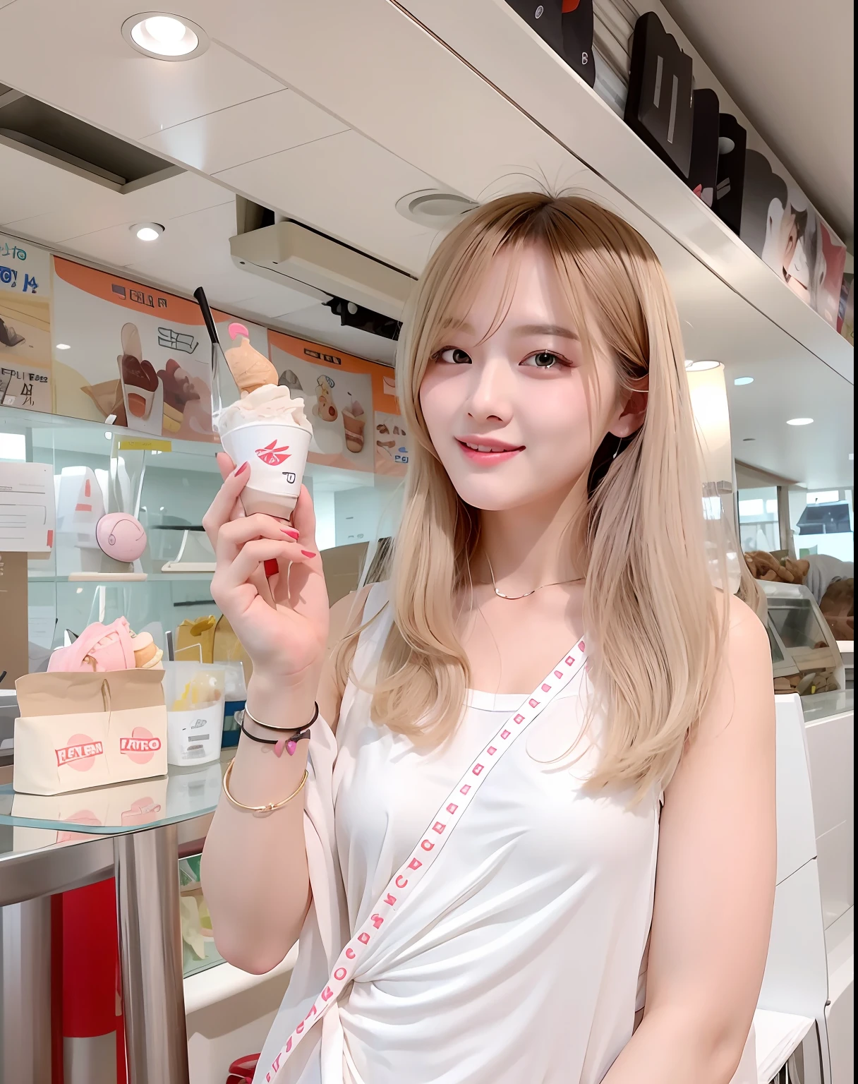 Woman in white dress holding up a tube of ice cream, krystal, dilraba dilmurat, jaeyeon nam, Choi Hong Hwa, wenfei ye, Jinyoung Shin, trending at cgstation, xintong chen, sakimichan, Gorgeous young Korean woman, Korean Girl, beautiful Korean women, joy ang, Beautiful young Korean woman