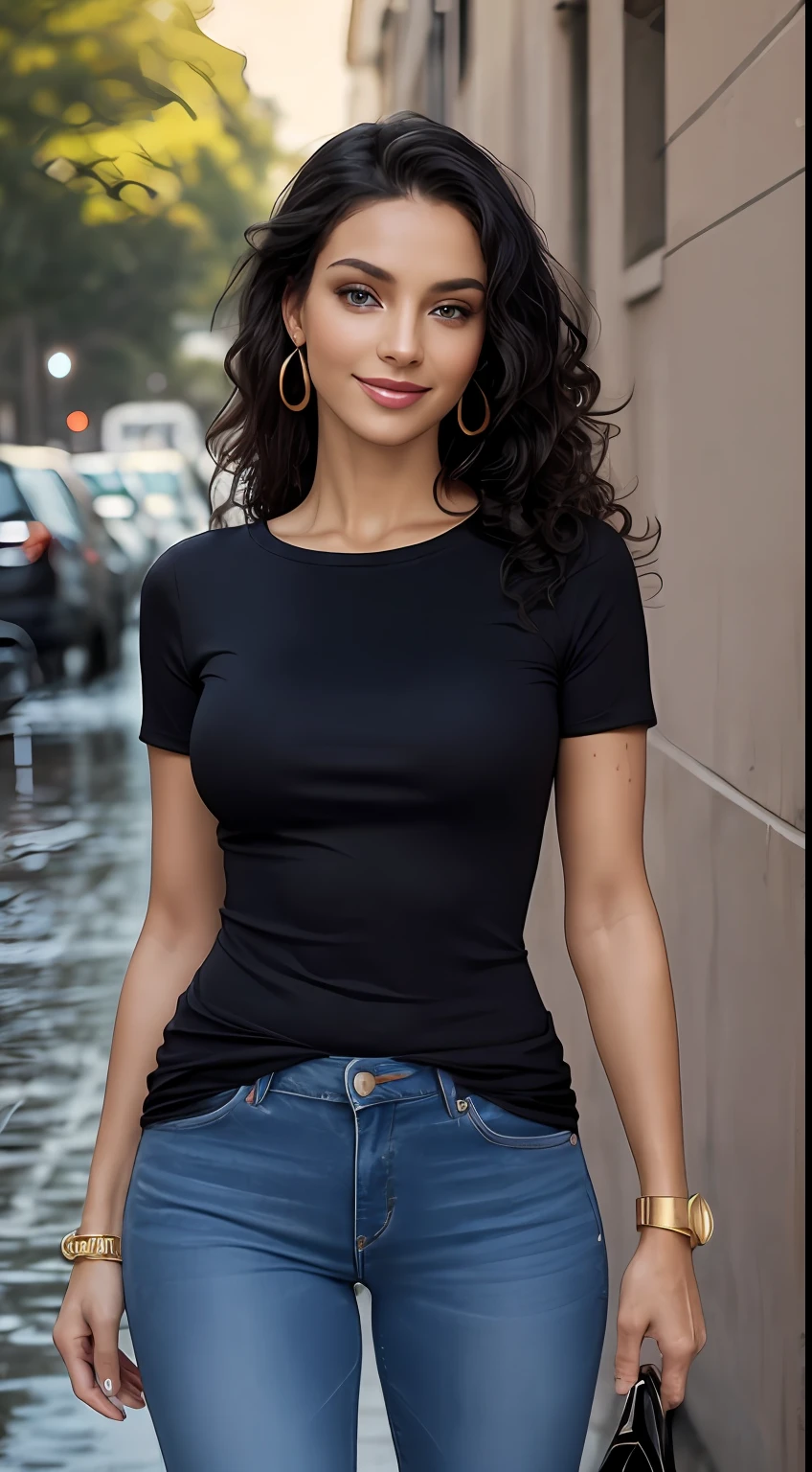 ((Best Quality, 8k, Masterpiece:1.3)), Focus: 1.2, Perfect Body Beauty: 1.4, front looking 1.2, ((Long Hair)), (Black round neck plain Tee-shirt, regular fitting:1.1) , (Rainy, Street:1.3), Dark blue skinny jeans, full length jeans: 1.1, Highly detailed face and skin texture, Detailed eyes, Double eyelids, toned body, Whitened skin, smile, black curly hair's, heels, perfect feet's, firm breasts, firm thiges, looking at camera, fashion shoot style, full body length tee-shirt, Short sleeves, high heels, beautiful feet's, casual jewelry, earrings, hand bangle's and golden watch.