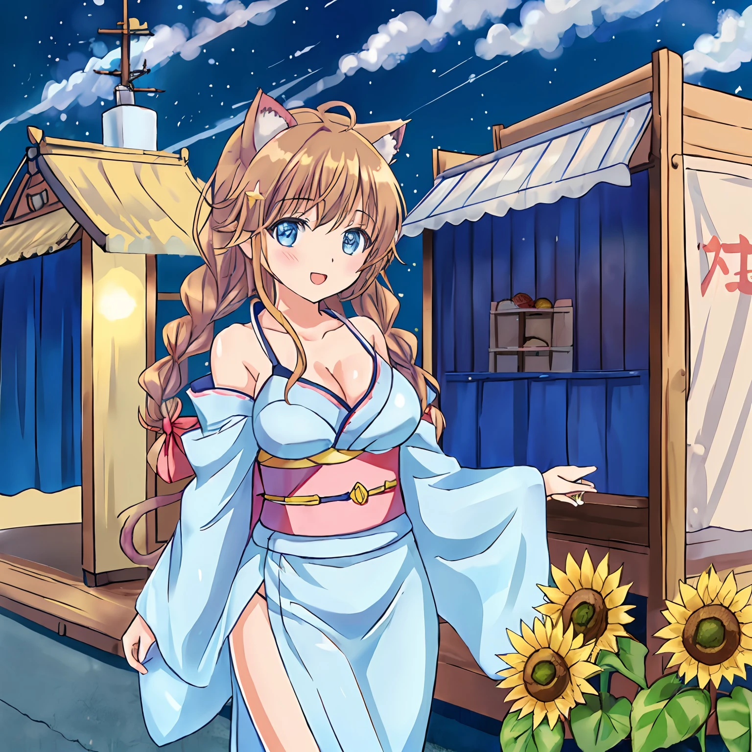 (Highly detailed CG Unity 8k wallpaper), (Best Quality), (Super Detail), (Best Illustration), (Best Shadow), POV, Realistic lighting and shading, Natural light, Lens flare effect, BREAK, 1 beautiful girl, Solo,(Cute:1.5),(Chibi:0.8), (kawaii:1.5),(:0.5), BREAK, ( (17 yl), Very detailed, colourfull, highest details, BREAK, (Huge breasts: 1. 2,),skin, Beautiful skin, Shy skin, 1 beautiful girl, Brown hair wet with sweat, (Cat ears, Braids,medium-Long hair: 1. 2), (Light blue eyes, long eyelashes, Double eyelids: 1. 2), Solo, gleaming skin, BREAK,(Yukata with cute sunflower pattern,Dark blue obi kimono:1.2), (:D:1.2), (star-shaped earring:1.1), (Hair ornament in the shape of the moon:1.0), (Geta:1.3), (Arms spread with high tension:1.1), (is standing,,Slouched:1.3), Taking off your t-shirt, (Angle from above,Emphasizes cleavage:1.1), BREAK, (:1.2),(🌃,food stand,Shooting Stall,natta,skyrocket:1.5),
