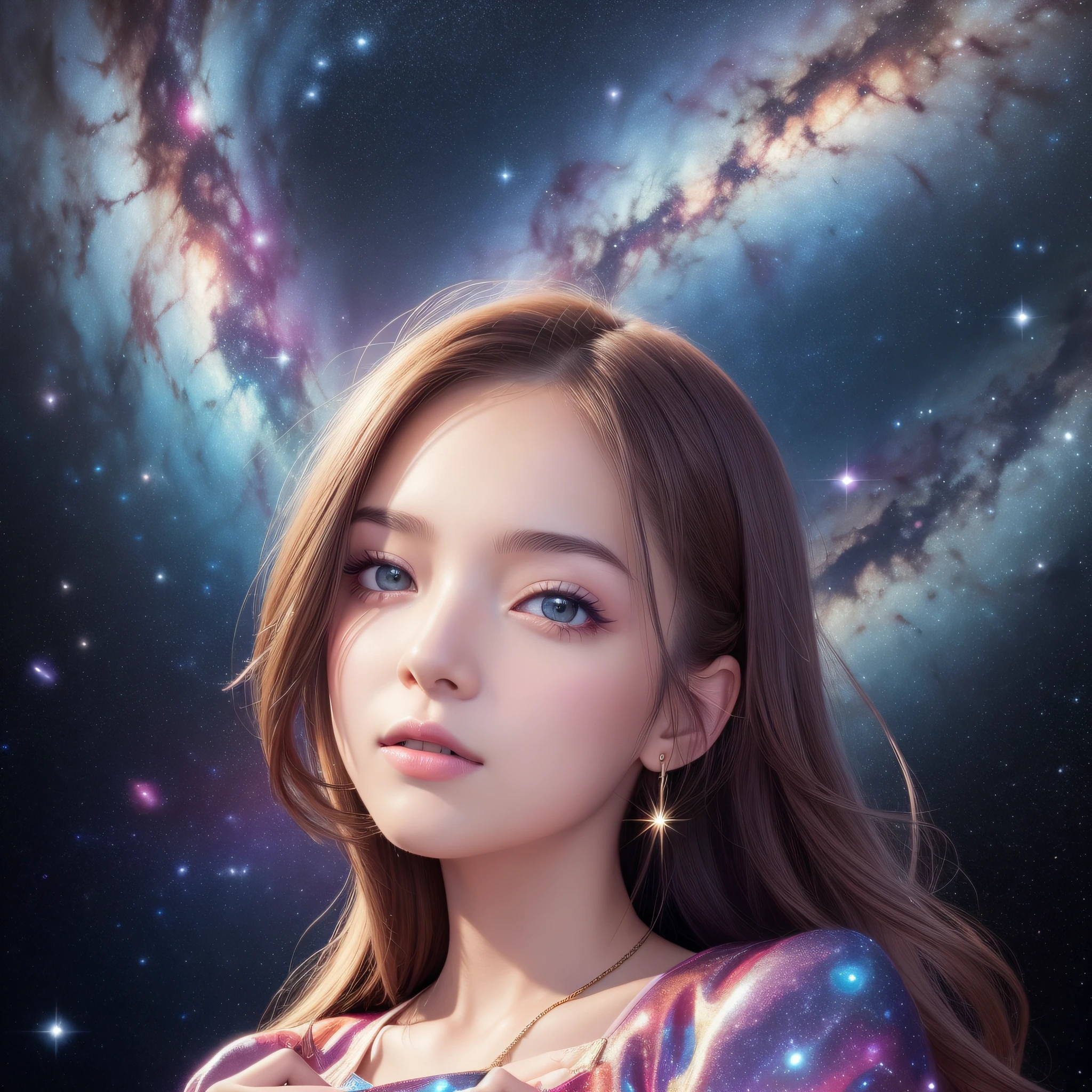 High detail, super detail, super high resolution, girl enjoying her time in the dream galaxy, surrounded by stars, warm light sprinkled on her, background is starry sky with colorful galaxies and galaxy clouds, stars flying around her, delicate face, adding playful atmosphere , --v6