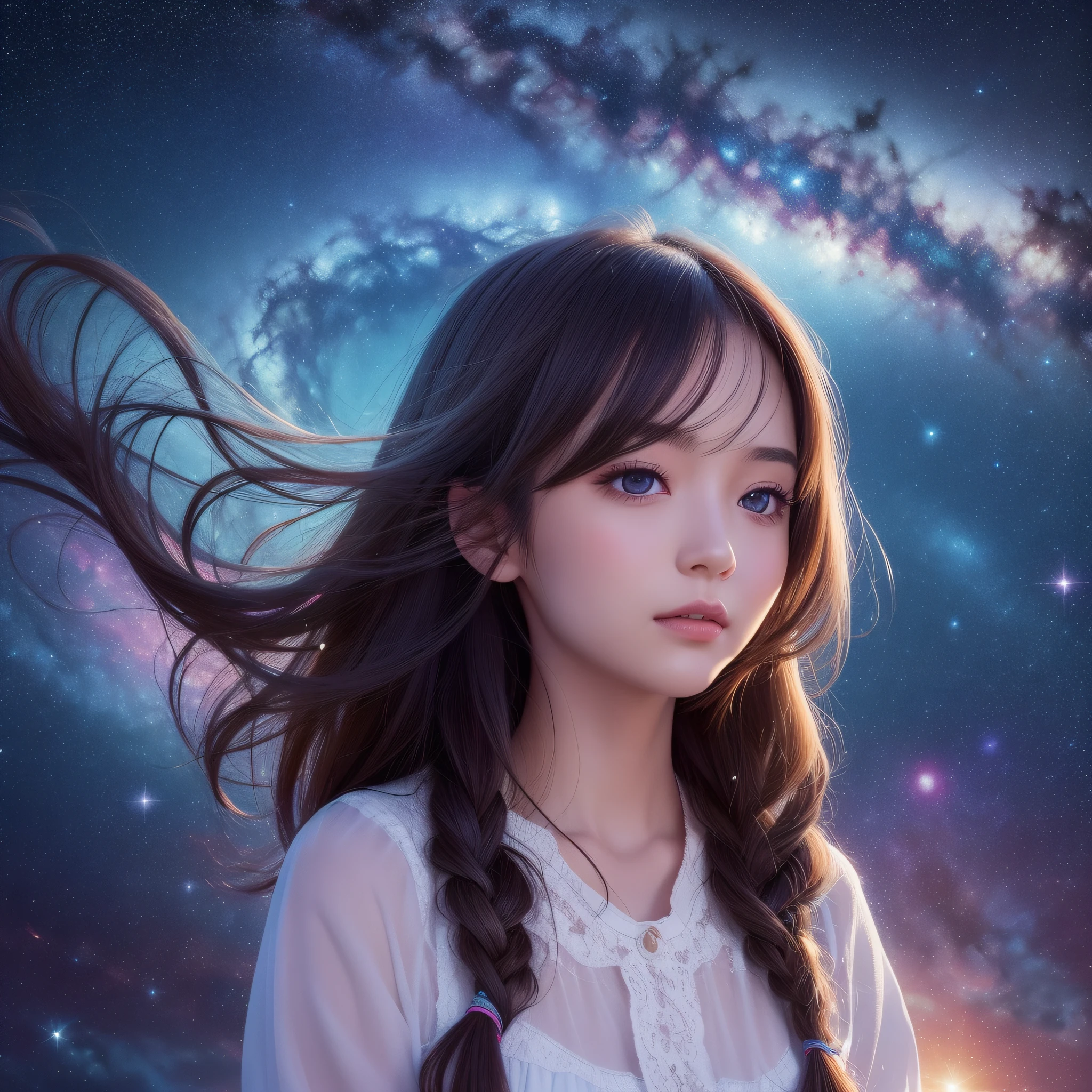 High detail, super detail, super high resolution, girl enjoying her time in the dream galaxy, surrounded by stars, warm light sprinkled on her, background is starry sky with colorful galaxies and galaxy clouds, stars flying around her, delicate face, adding playful atmosphere , --v6