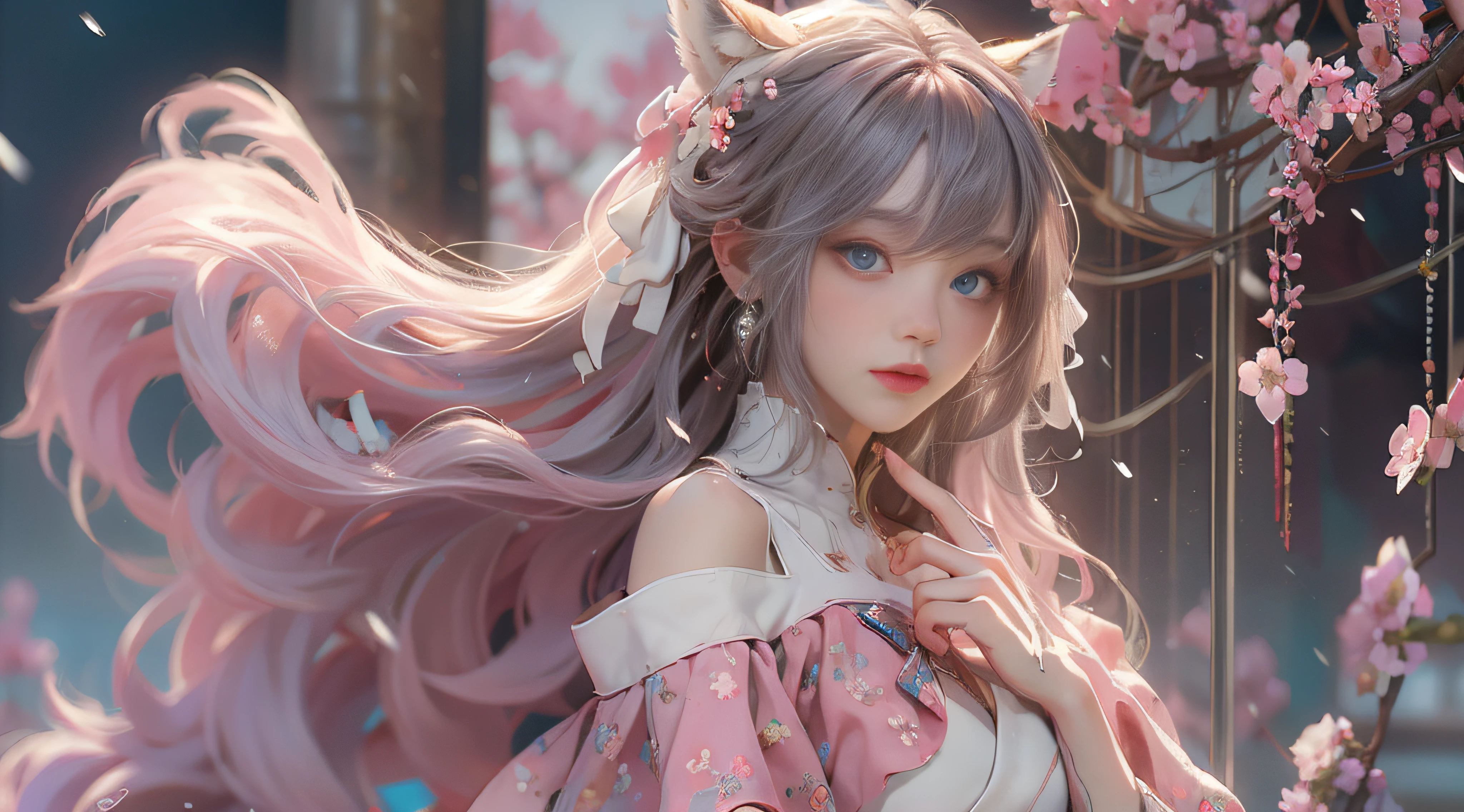 （（best qualtiy））， （（tmasterpiece））， （detail：1.4）， Beautiful cyberpunk female images，hdr（HighDynamicRange），Ray traching，NVIDIA RTX，Hyper-Resolution，illusory 5，sub surface scattering，PBR textures，post-proces，Anisotropy Filtering，depth of fields，maximum definition and sharpness，Many-Layer Textures，Albedo e mapas Speculares，Surface coloring，Mitsu-Accurate simulation of material interactions，perfectly proportioned，rendering by octane，Two-colored light，largeaperture，Low ISO，White balance，Rule three points、8K raw data、Beautiful bright blue pupils，off-the-shoulder clothes，Fine pupils，Delicate face and eyes，long eyelasher，Blushlush，Delicate and fluffy hair，pink lip，Pure，Cute face，Sweet girl，Artistic sense，Casual wear，Advancedsense，butterflys，Cherry blossom petal，Beautiful hair accessories，Long hair and waist，Hair fluttering in the wind，Snow-white fox ears，curlies，Lots of white and pink，Complicated details