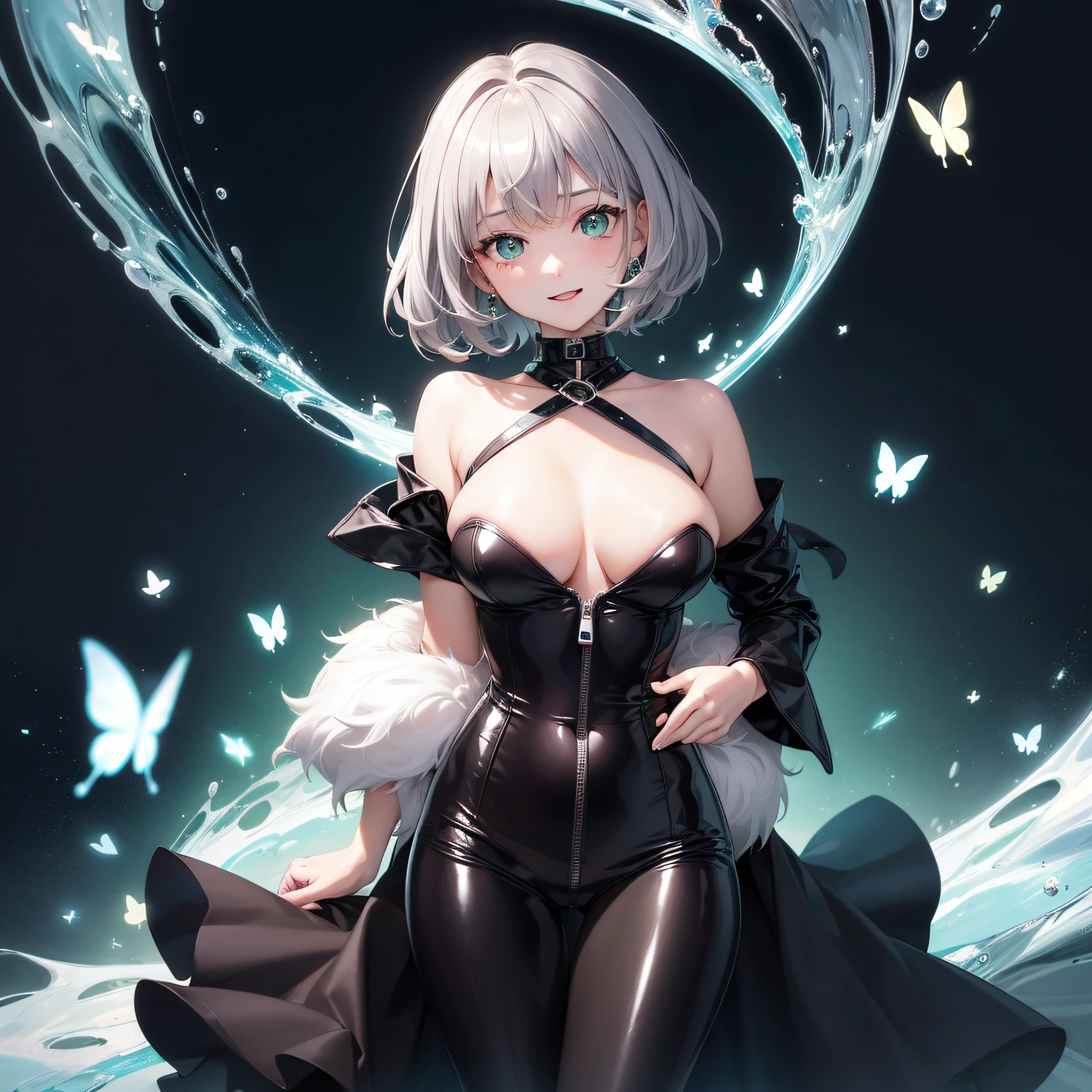 Super masterpiece、vivd colour、colourfull、One woman's face and a laughing cat next to it、((Cute cat in clothes)),Anthropomorphic representation, Rich colors, exquisitedetails, (masutepiece,Best Quality:1.5), (Butterfly exquisite CG), (High resolution:1.5)、(deep dark green eyes、Sapphire green eyes、round and large eyes)(Raise the corners of your mouth and smile、Open your mouth a little、lipgloss)、(short silver hair、fluffy hair)、(the background is the universe、shine)、Black rubber bodysuit with zipper、
