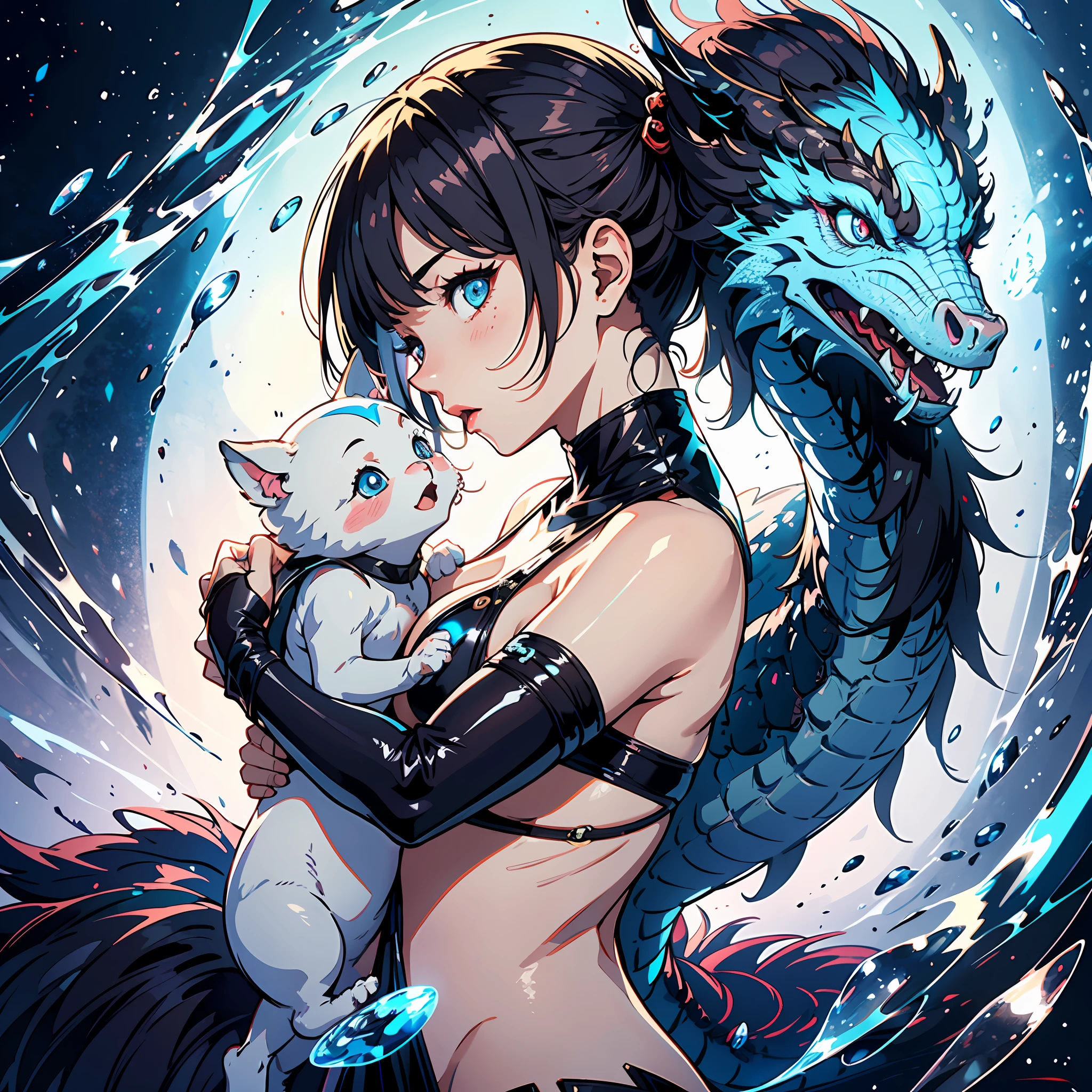 (A girl-lovingly-cradles a yawning-baby-dragon in her arms. side view):1.4, dragon is tiny Character, and white scale, girl is (not large tasty, Small breasts), high-waisted dress, loli, deep blue eyes), Short hair that reveals the forehead, Small pigtails, (2D, painting, illustration, masterpiece, intricate detail, ultra-detailed, highest resolution, best quality, ultra quality, sharp & smooth, best{shading & lighting}:0.9),(distortion, Beautiful luminescence and transparency:1.25),(realistic:0.6),high contrast,