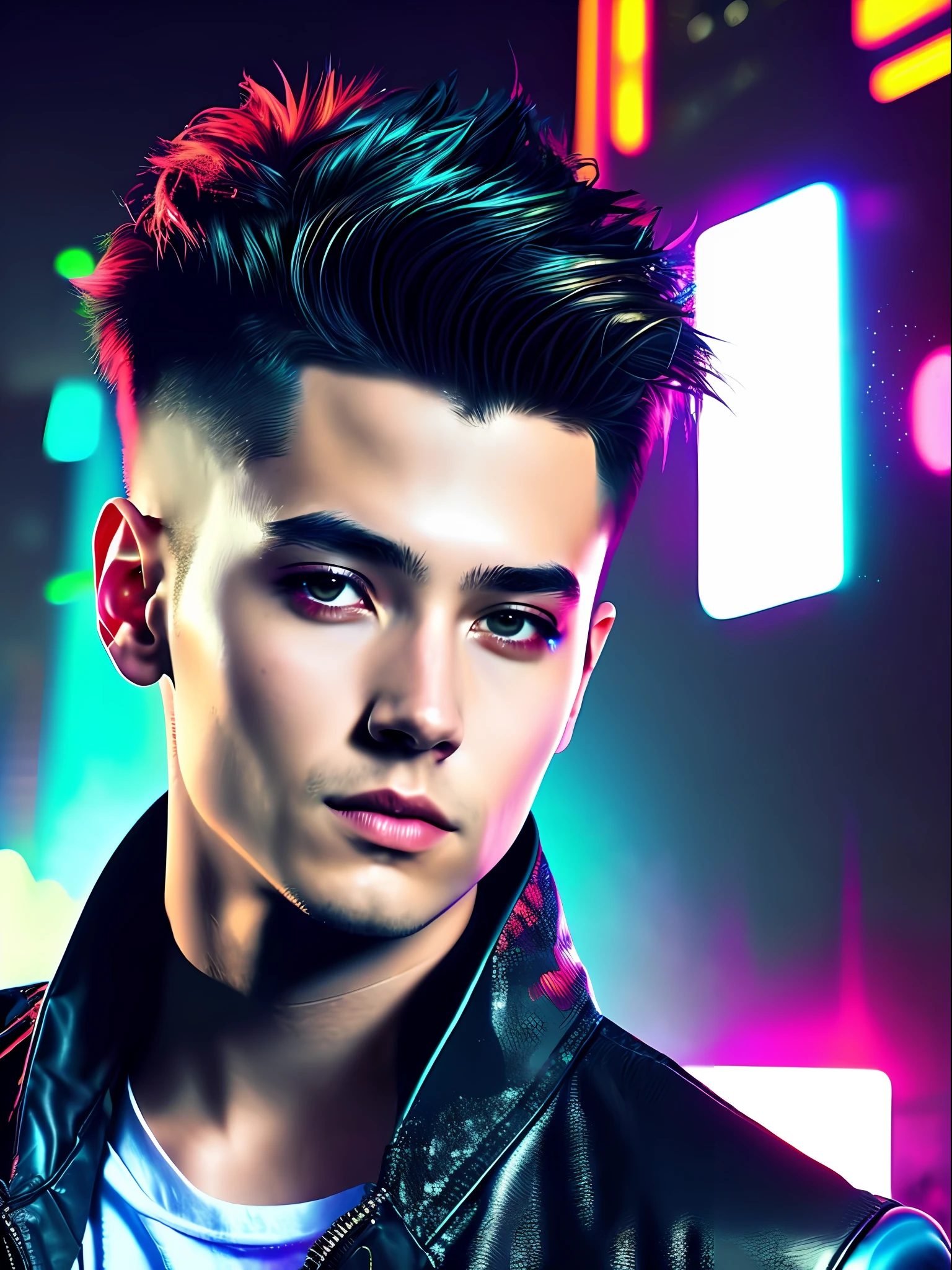 Change background to cyberpunk, cyberpunk handsome boy, realistic face, cyberpunk theam, 4k ultra graphics, change boy 's clothes to cyberpunk clothes,