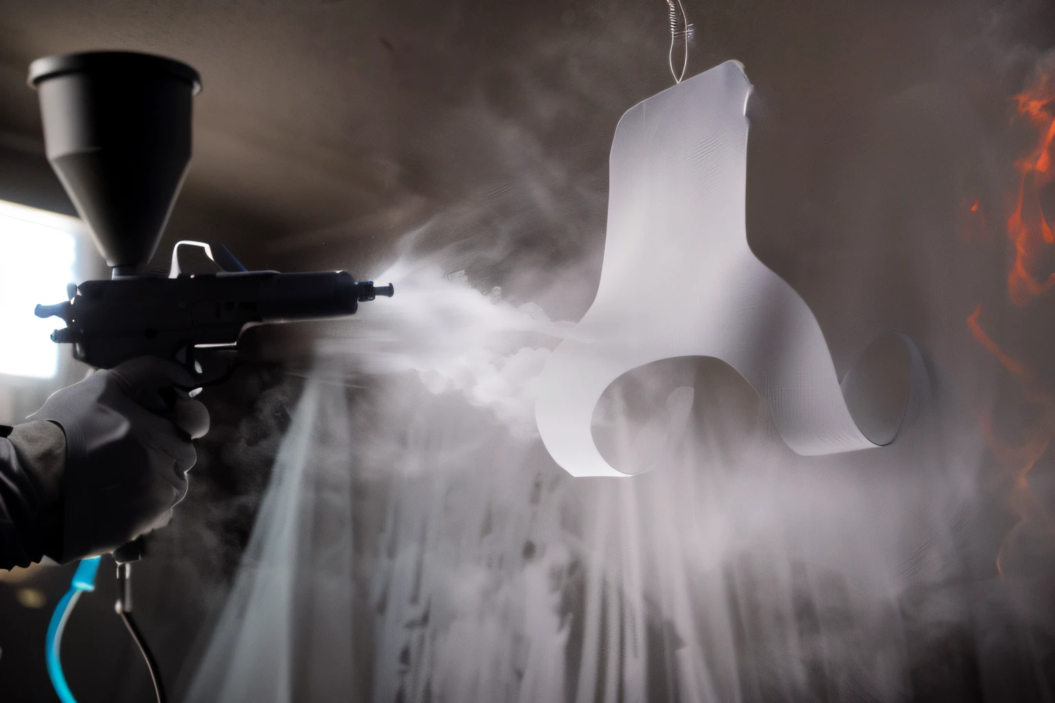 There is a pistol spraying a white object with a spray gun, spraying liquid, powder spray in blue color, Bruma, volumetric mist, poeira girando, motes de poeira no ar, floating dust particles, mancha de tinta spray no canto, smoking machine, viscous volumetric smoke, gelo seco, vapor torcido, foggy volumetric lighting, fundo escuro