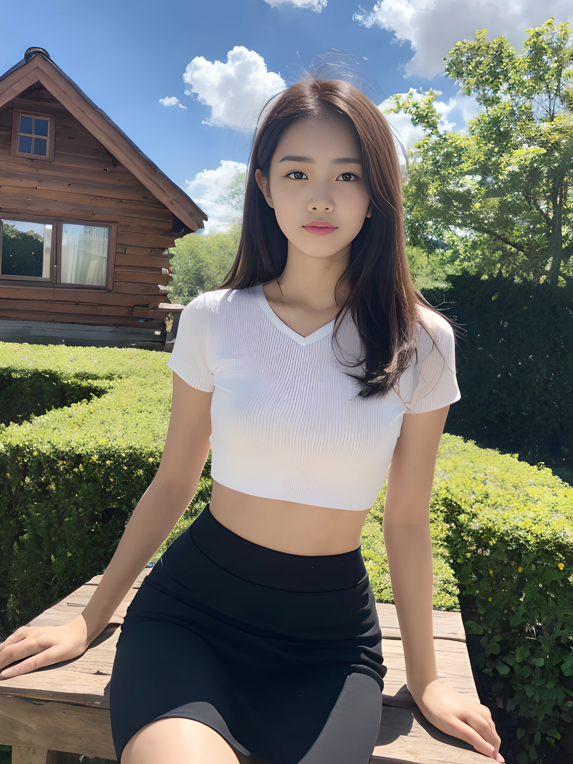 ((best qualtiy, 8K, tmasterpiece:1.3)),Focus:1.2, female high-school student,wooden cabin,(A look of determination)(adolable),delicated face,Long hair waist-length,long hair flowing,Tilt your head,ssmile,Hair details,Delicate Full Body Portrayal,Delicate depiction of the face,Best picture quality,A high resolution,细致背景,Delicate portrayal,exquisitedetails,Rich in detail,Facial strengthening,(Black crop top with crop top,short skirt),with blue sky and white clouds,Sitting Among the Flowers,wooden cabin,There are no bags under the eyes