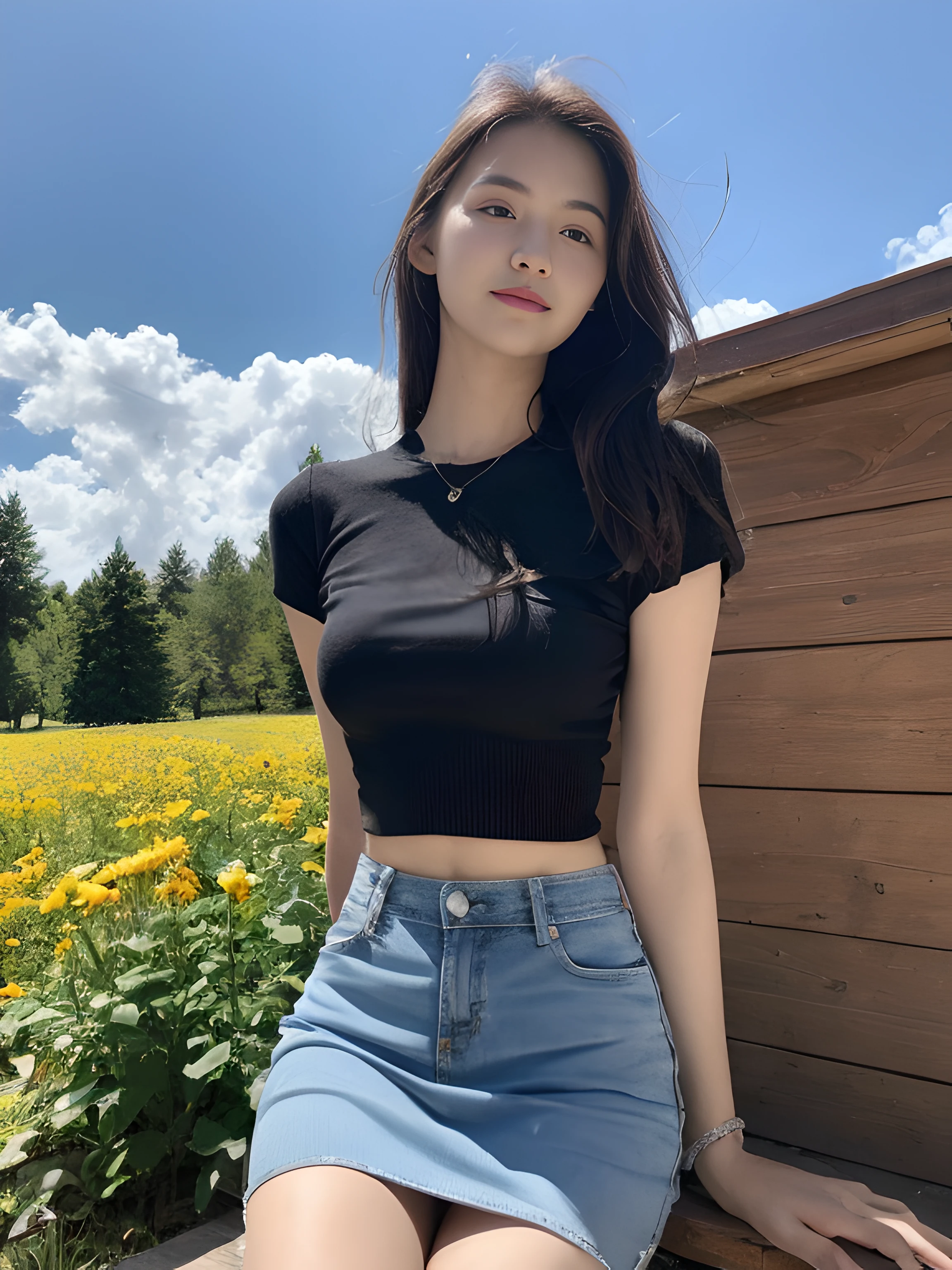 ((best qualtiy, 8K, tmasterpiece:1.3)),Focus:1.2, female high-school student,wooden cabin,(A look of determination)(adolable),delicated face,Long hair waist-length,long hair flowing,Tilt your head,ssmile,Hair details,Delicate Full Body Portrayal,Delicate depiction of the face,Best picture quality,A high resolution,细致背景,Delicate portrayal,exquisitedetails,Rich in detail,Facial strengthening,(Black crop top with crop top,short skirt),with blue sky and white clouds,Sitting Among the Flowers,wooden cabin,There are no bags under the eyes