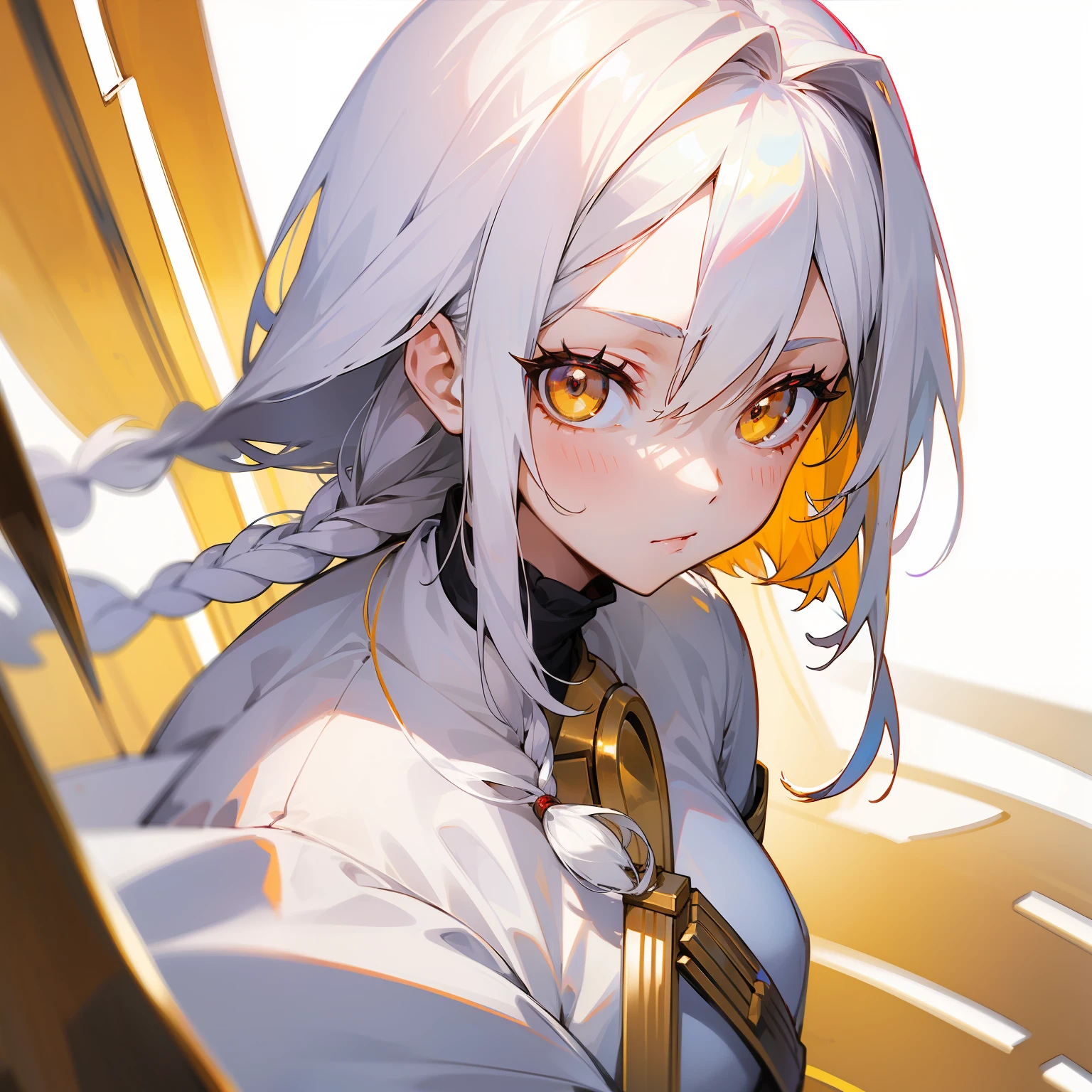 excellent, masutepiece, White hair, Golden Eyes, White clothes, Looking Up, Upper body, hair, Fair skin, side braids, Anime beauty
