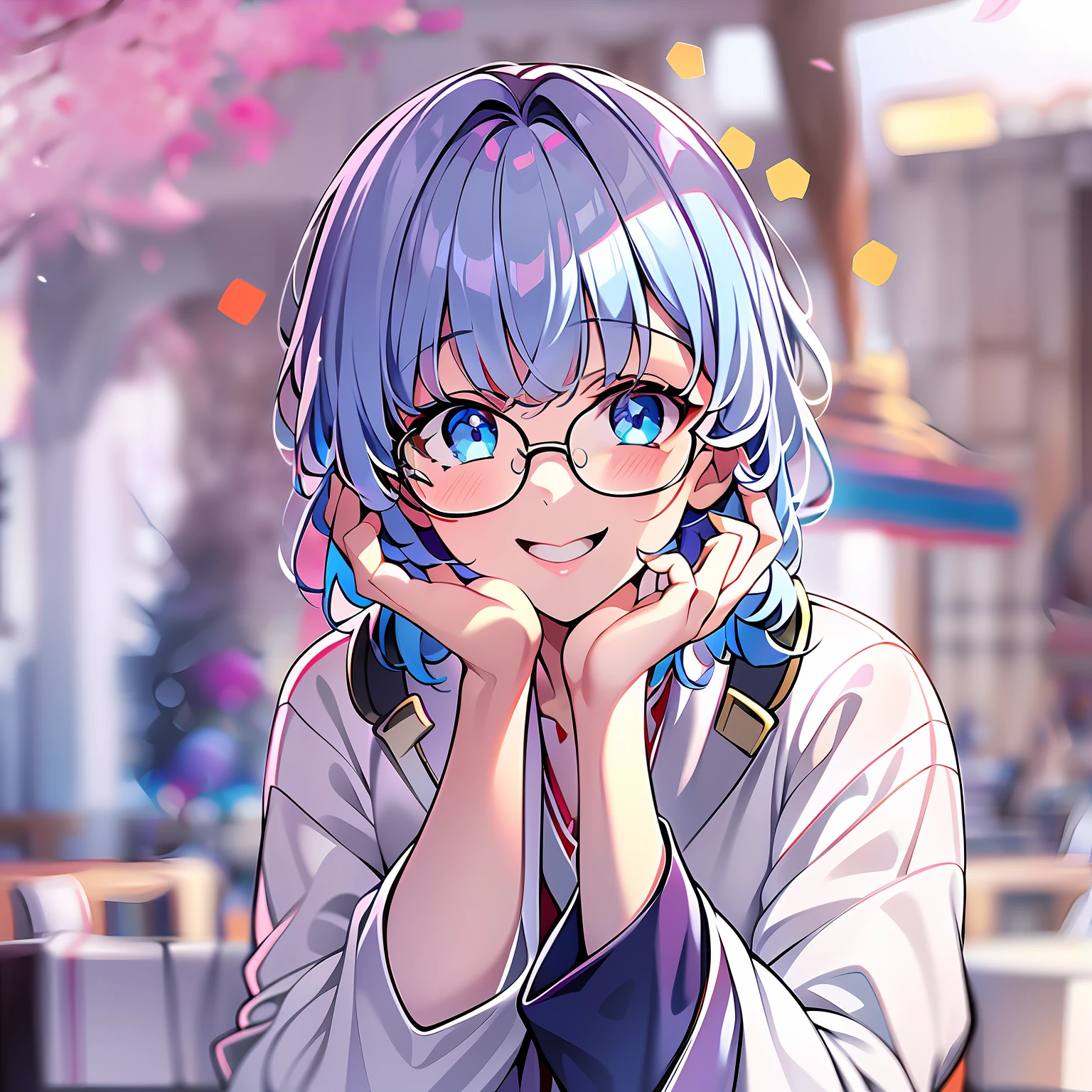 (masterpiece), best quality, expressive eyes, perfect face, white miko uniform, beautiful face, detailed eyes, blue hair, short hairstyle, dynamic angle, gorgeous pose, smile gently, glasses, best quality, 1girl, , Beautiful face, rim lighting, (high detailed skin:1.2), 8k uhd, high quality, high resolution, 4k, 8k, Bokeh,  absurdres, best ratio four finger and one thumb,