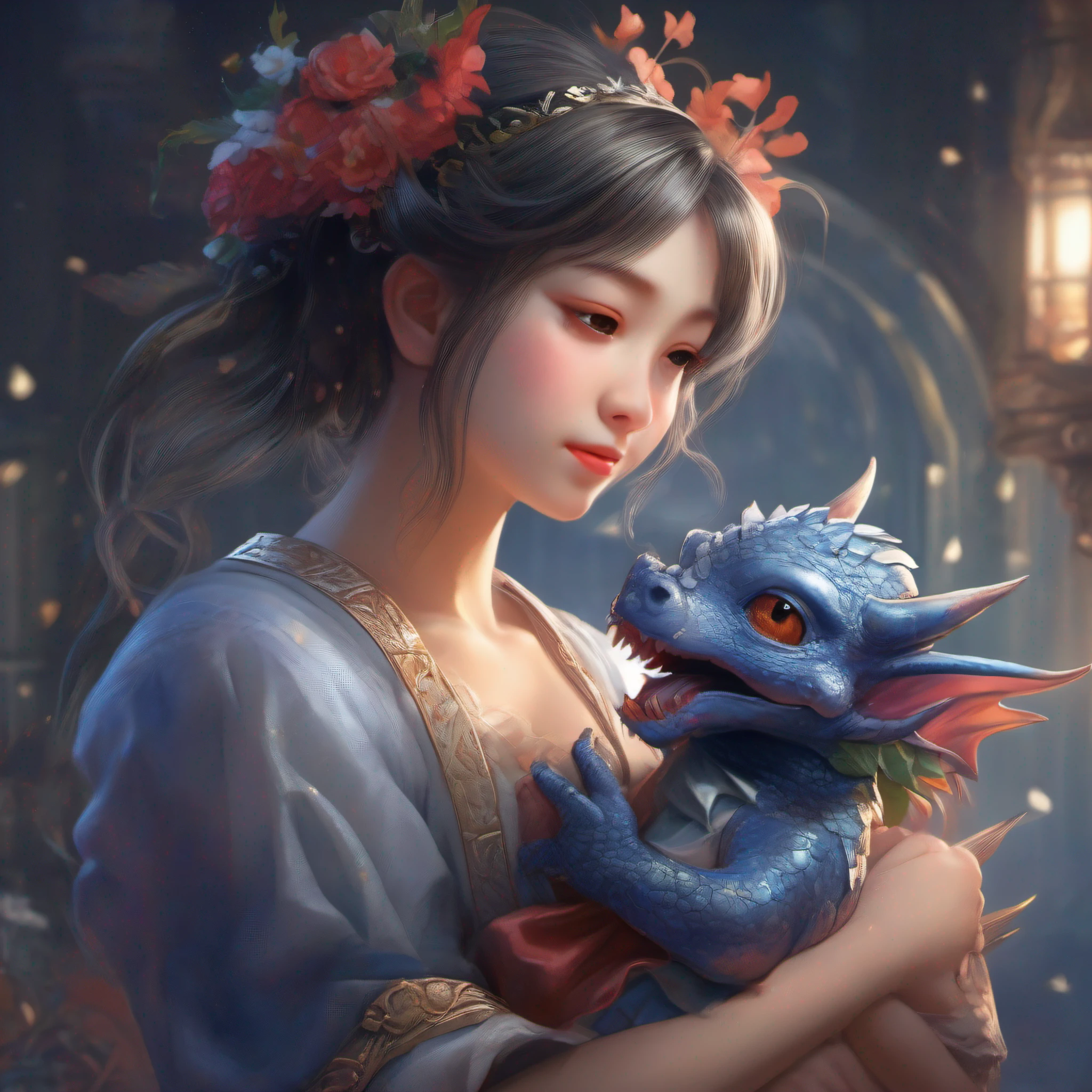 (A girl-lovingly-cradles a yawning-baby-dragon in her arms. side view):1.4, dragon is tiny Character, and white scale, girl is (not large tasty, Small breasts), high-waisted dress, loli, deep blue eyes), Short hair that reveals the forehead, Small pigtails, (2D, painting, illustration, masterpiece, intricate detail, ultra-detailed, highest resolution, best quality, ultra quality, sharp & smooth, best{shading & lighting}:0.9),(distortion, Beautiful luminescence and transparency:1.25),(realistic:0.6),high contrast,