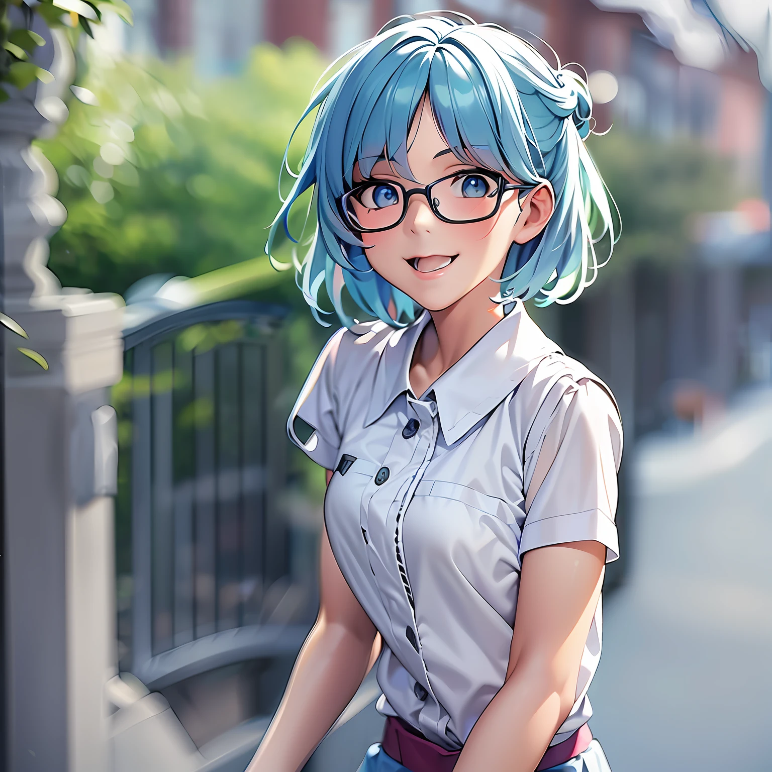 (masterpiece), best quality, expressive eyes, perfect face, white miko uniform, beautiful face, detailed eyes, blue hair, short hairstyle, dynamic angle, gorgeous pose, smile gently, glasses, best quality, masterpiece, photorealistic, 1girl, 15 years old, Beautiful face, , rim lighting, (high detailed skin:1.2), 8k uhd, dslr, high quality, high resolution, 4k, 8k, Bokeh,  absurdres, best ratio four finger and one thumb,